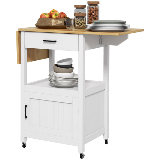 Foldable Kitchen Island with Storage Drawer, Wood Top Coffee Cart on Wheels, Kitchen Cart with Cabinet, White Kitchen Islands & Kitchen Carts   at Gallery Canada