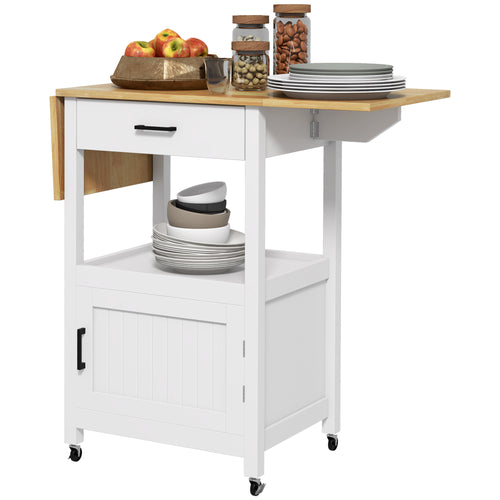 Foldable Kitchen Island with Storage Drawer, Wood Top Coffee Cart on Wheels, Kitchen Cart with Cabinet, White