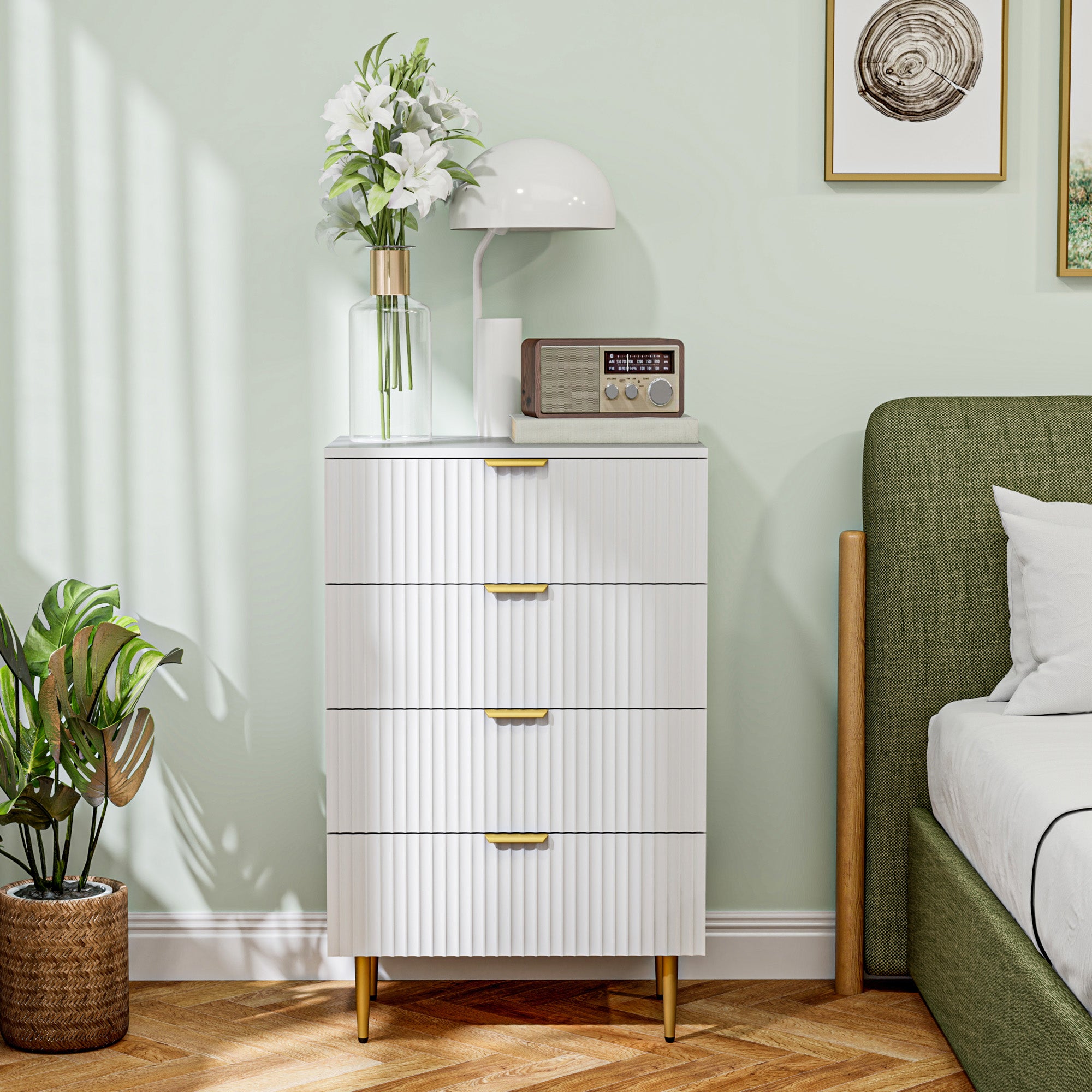 Modern Chest of Drawers 4 Drawer Dresser for Bedroom with Gold Legs and Handles, White Storage Cabinets at Gallery Canada