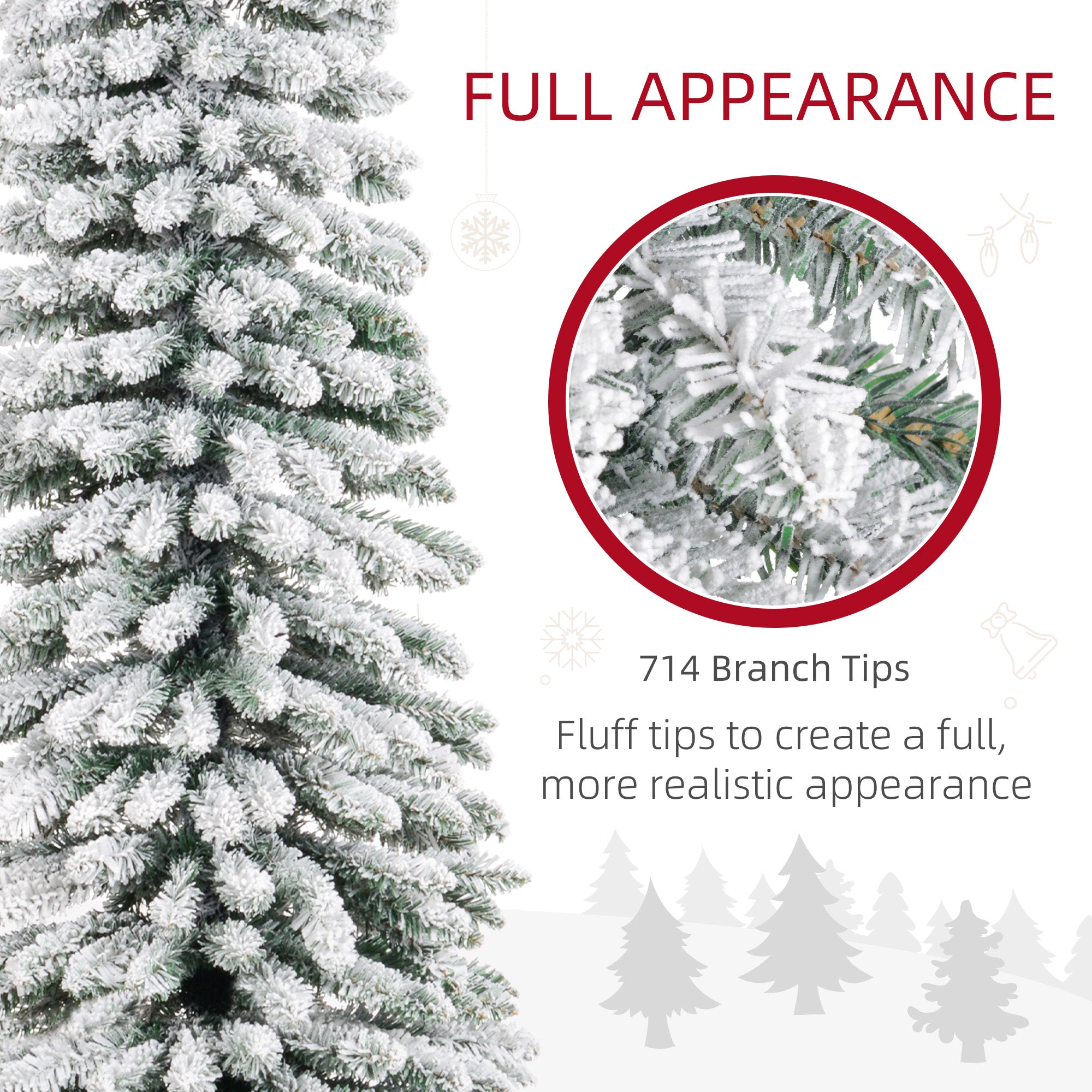 9ft Snow-Flocked Artificial Christmas Tree, Slim Pencil Xmas Tree with 714 Realistic Branches, Metal Base, Green Flocked Christmas Trees at Gallery Canada