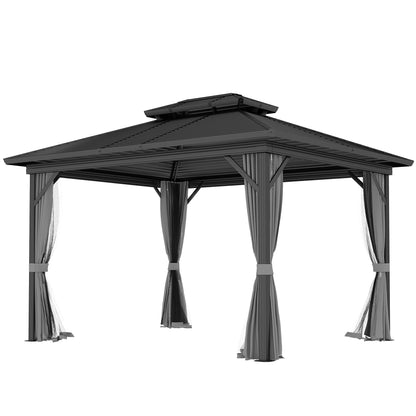 10' x 12' Hardtop Gazebo, Sun Shelter with Double Tier Metal Roof, Mosquito Netting, and Hanging Hook, Light Grey Gazebos at Gallery Canada