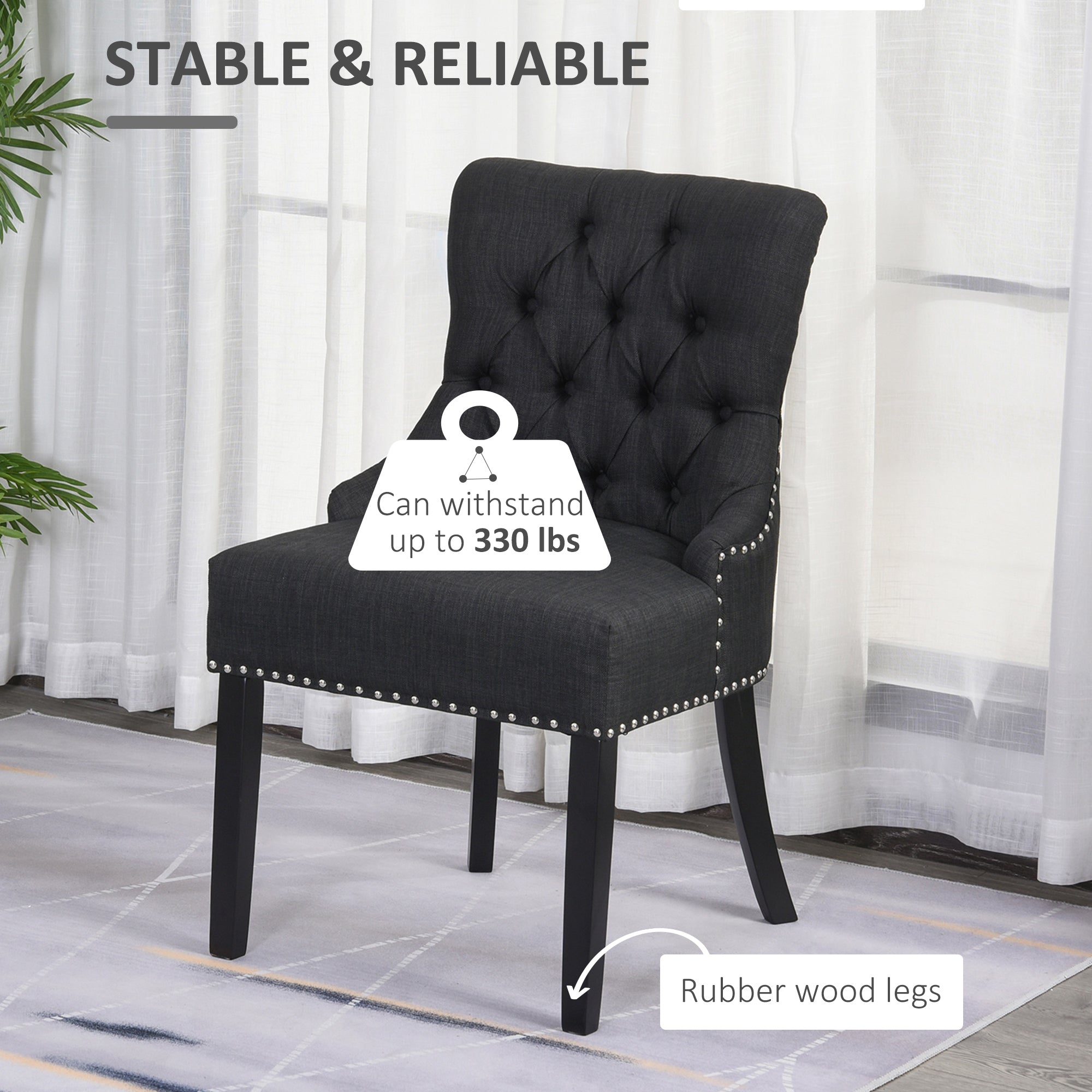 Button-Tufted Dining Chair, Fabric Upholstered Accent Chair with Nailed Trim &; Wood Legs for Living Room, Dark Grey Bar Stools   at Gallery Canada