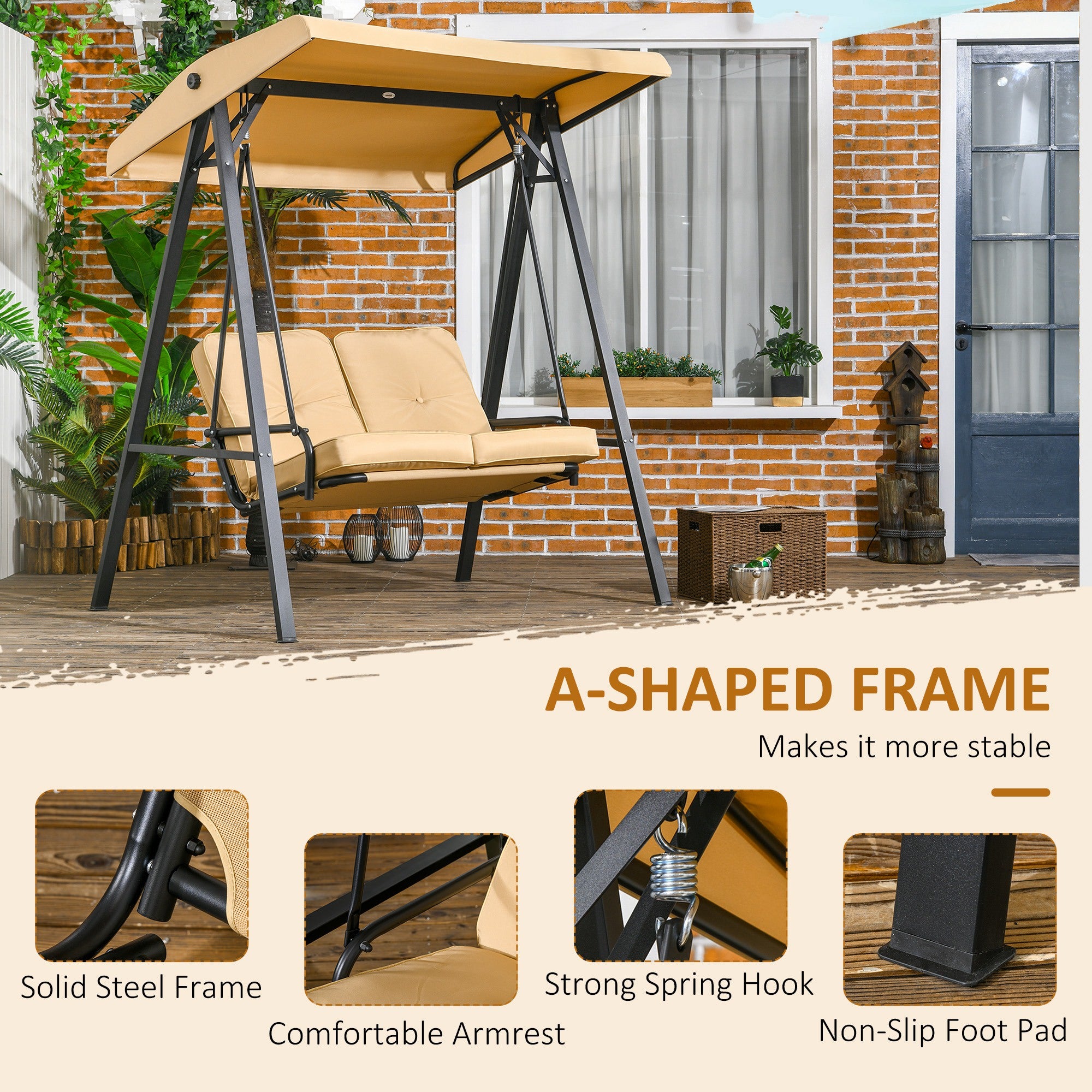 2-Seater Outdoor Porch Swing with Adjustable Canopy, Patio Swing Chair for Garden, Poolside, Backyard, Beige Patio Swings with Stand at Gallery Canada