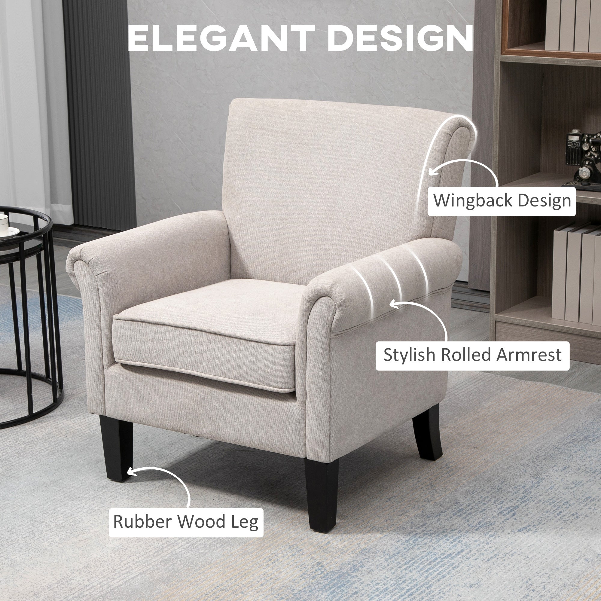 Upholstered Accent Chair, Single Armchair with Soft Velvet Touch Fabric, Rolled Armrest, Grey Single Sofas at Gallery Canada