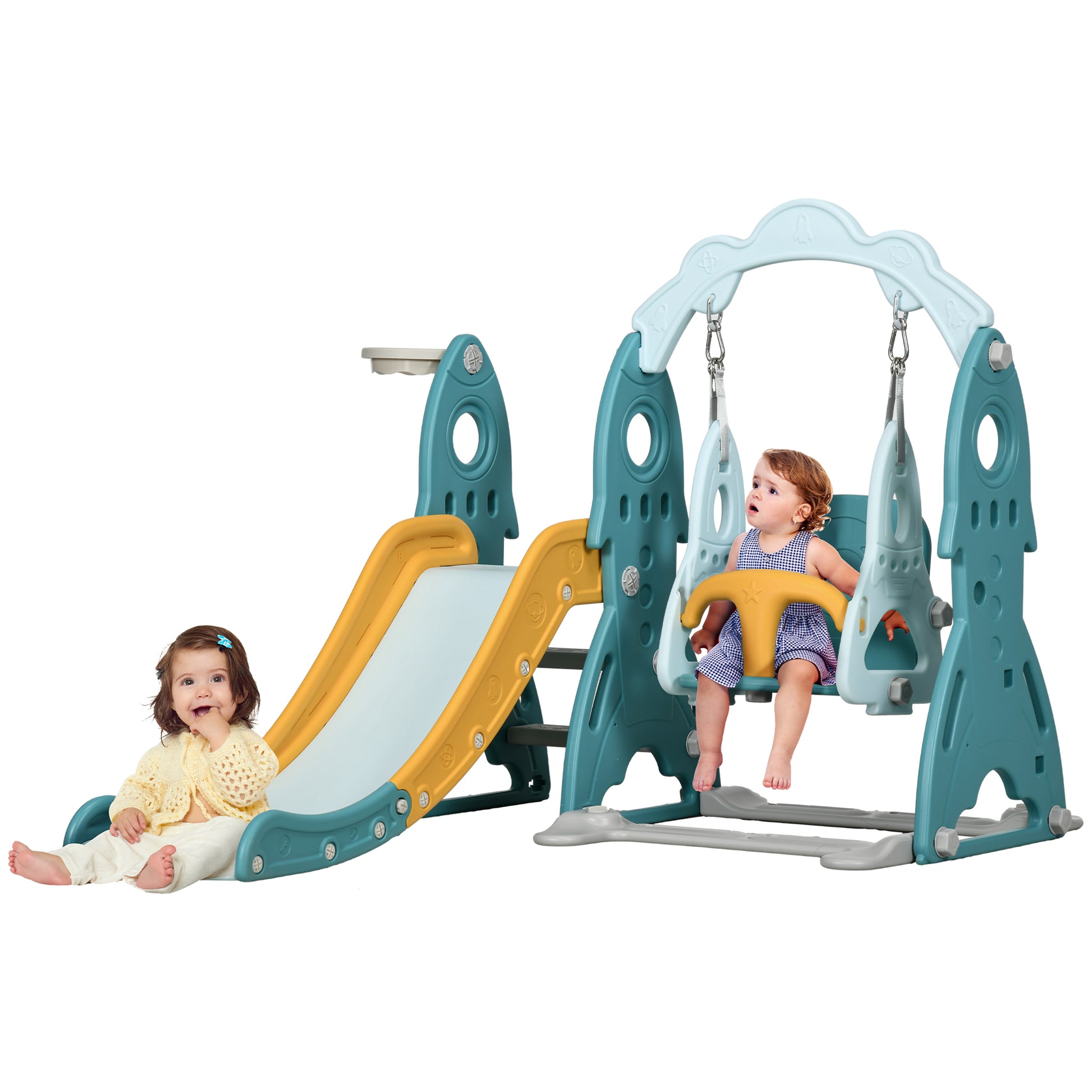 3 in 1 Kids Slide and Swing Set Indoor Playground w/ Basketball Hoop, Climber, Adjustable Swing, Light Blue Gym Sets & Swings   at Gallery Canada