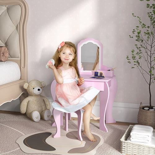 Makeup Vanity with Mirror and Stool, Cloud Design, Drawer, Storage Boxes, for 3-6 Years Old, Pink