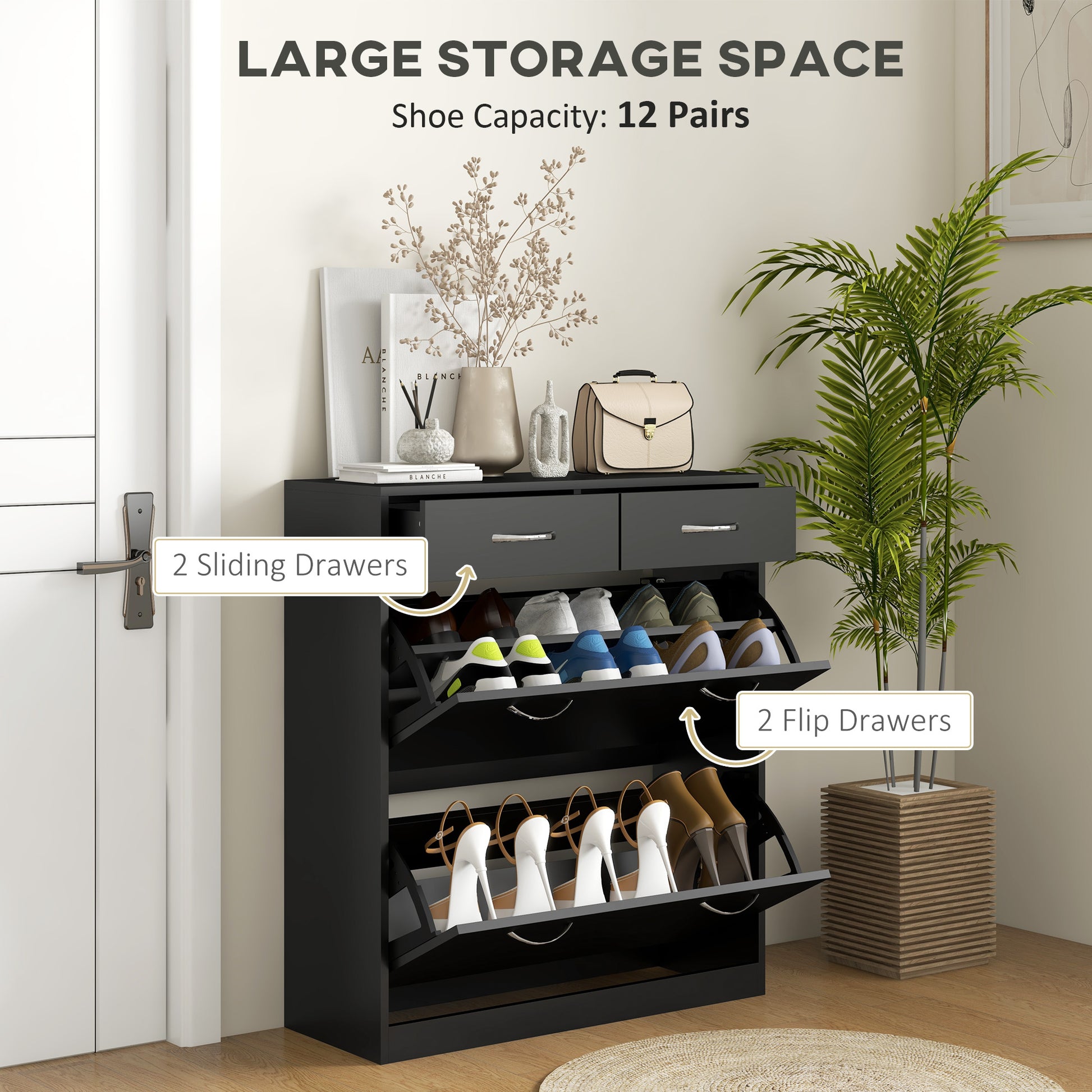 Narrow Shoe Storage with 2 Flip Drawers and Adjustable Shelves Shoe Cabinet Organizer for 12 Pairs of Shoes, Black Shoe Storage Cabinets & Racks at Gallery Canada