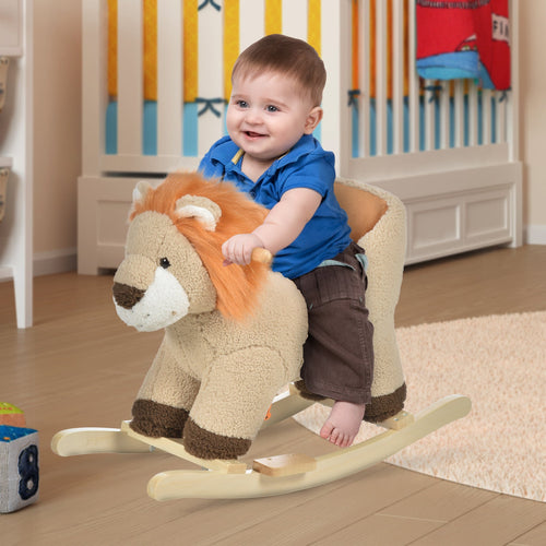 Baby Rocking Horse Lion Design Plush Stuffed Rocking Chair, Wooden Rocking Horse with Sound, Seat Belt for 18-36 Months Boys and Girls Gift, Brown