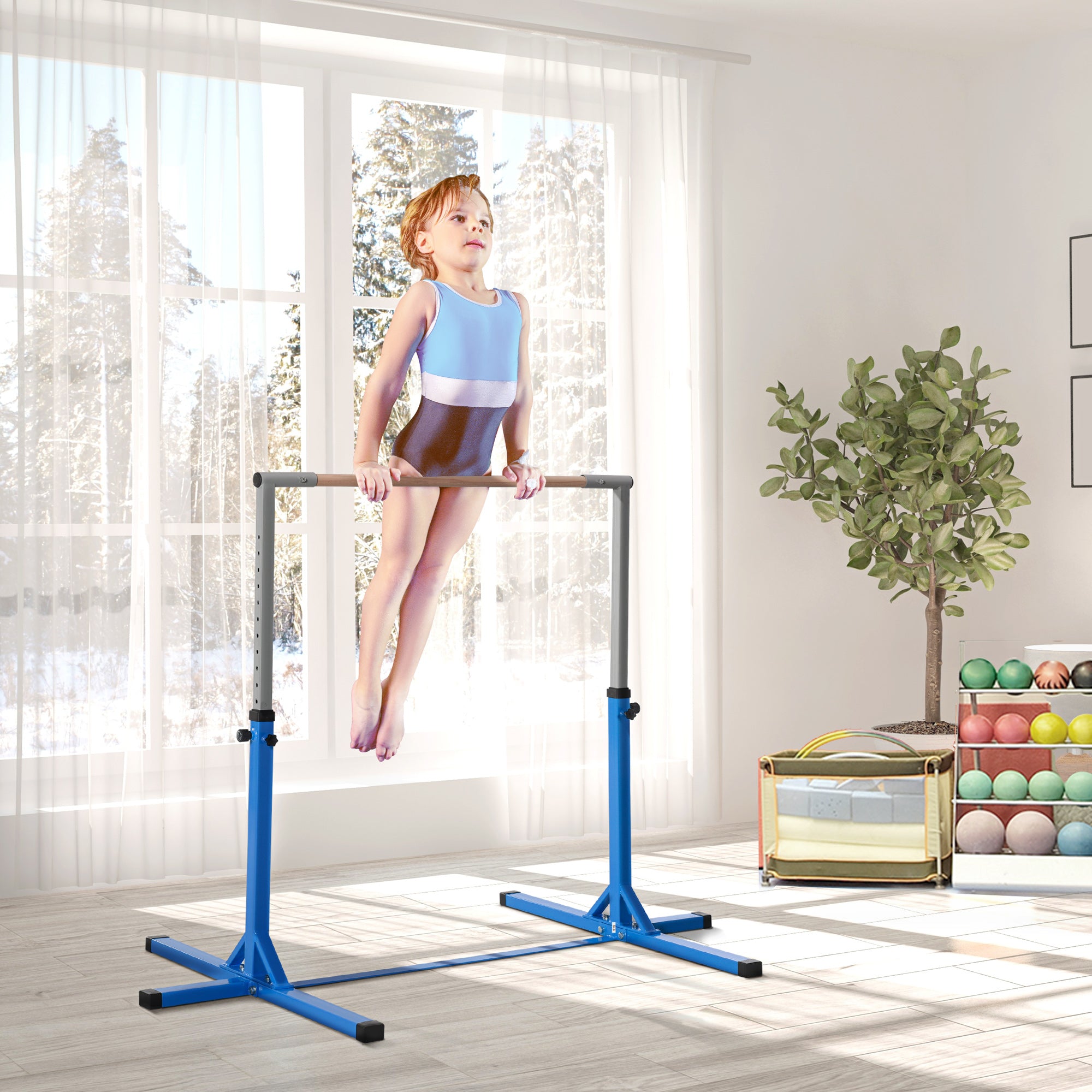 Professional Gymnastics Bar for Kids, Toddler Home Gymnastics Equipment with 13-level Adjustable Height, Blue Baby Gym & Playmats Blue at Gallery Canada