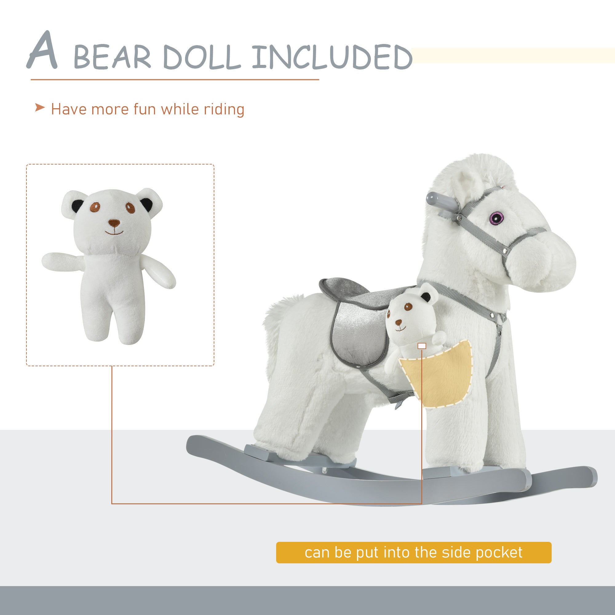 Kids Plush Ride-On Rocking Horse with Bear Toy, Children Chair with Soft Plush Toy &; Fun Realistic Sounds, White Rocking Horses at Gallery Canada