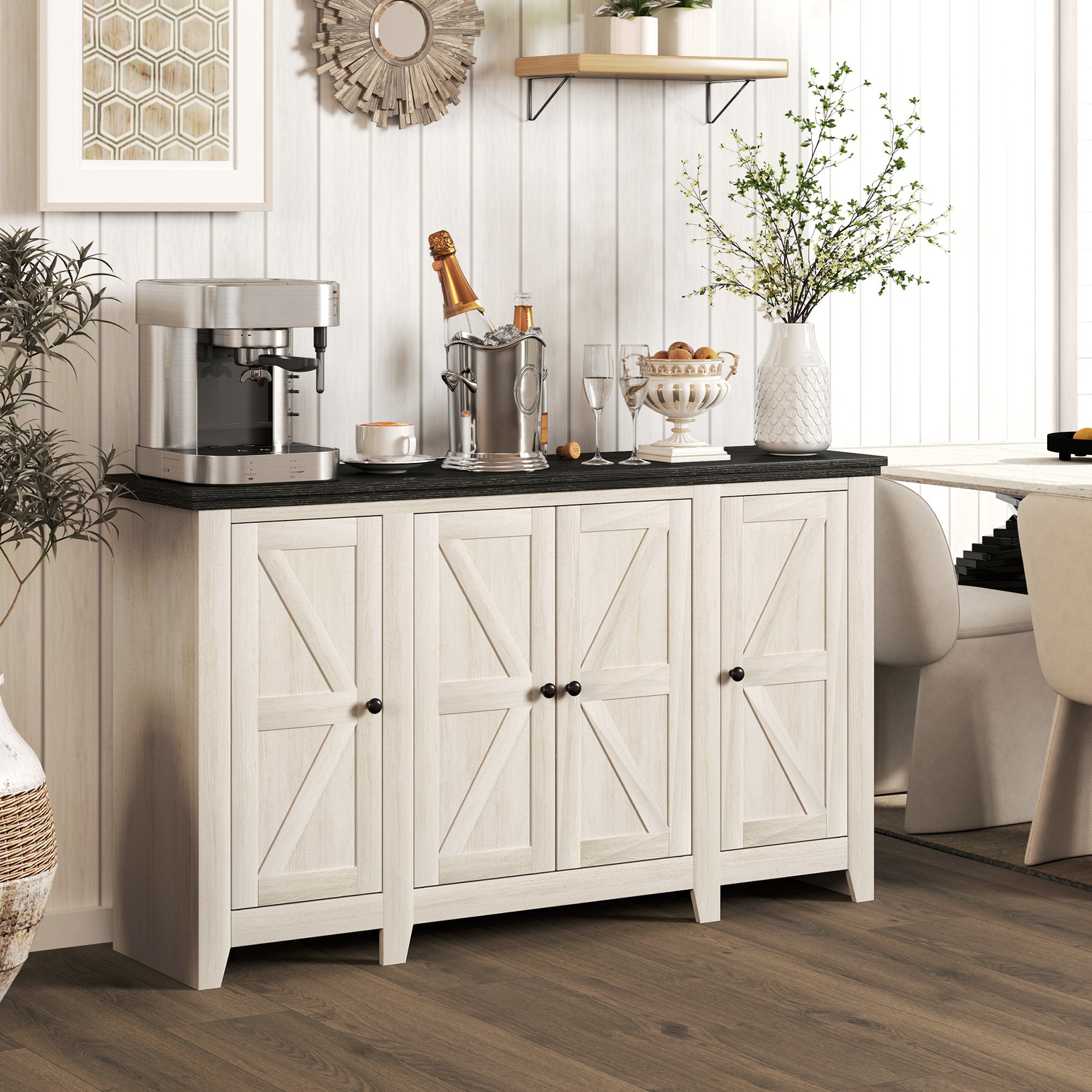 Rustic Sideboard, Buffet Cabinet with Adjustable Shelves for Living Room, Dining Room, Entryway, White Wood Grain Storage Cabinets Multi Colour at Gallery Canada