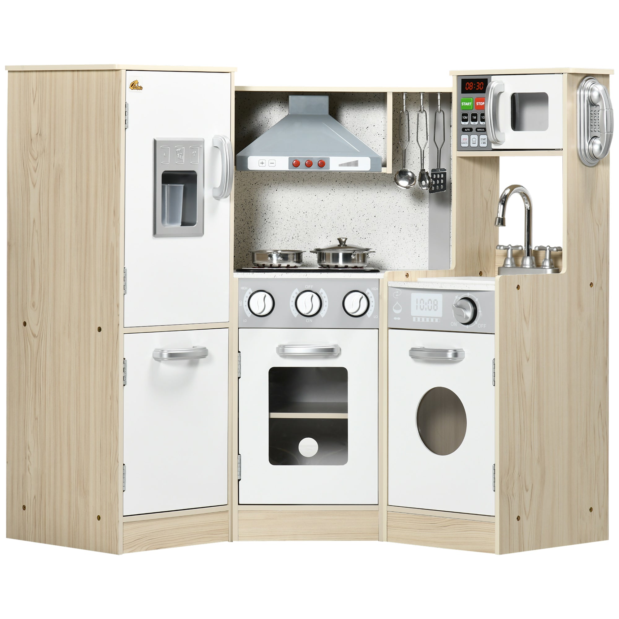 Wooden Play Kitchen with Lights Sounds, Corner Kids Kitchen Playset with Play Phone, Ice Maker, Microwave, Range Hood, Refrigerator, Utensils, Gift for Ages 3-6 Years Old, White Play Kitchen Oak, White at Gallery Canada