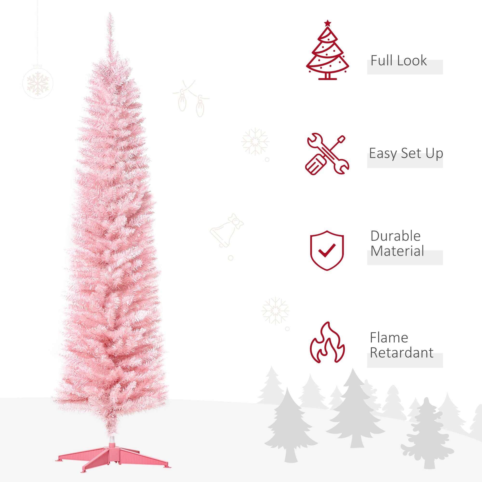 6' Pencil Christmas Tree, Slim Artificial Xmas Tree with Realistic Branches, Sturdy Metal Stand, Pink Pencil Christmas Trees   at Gallery Canada