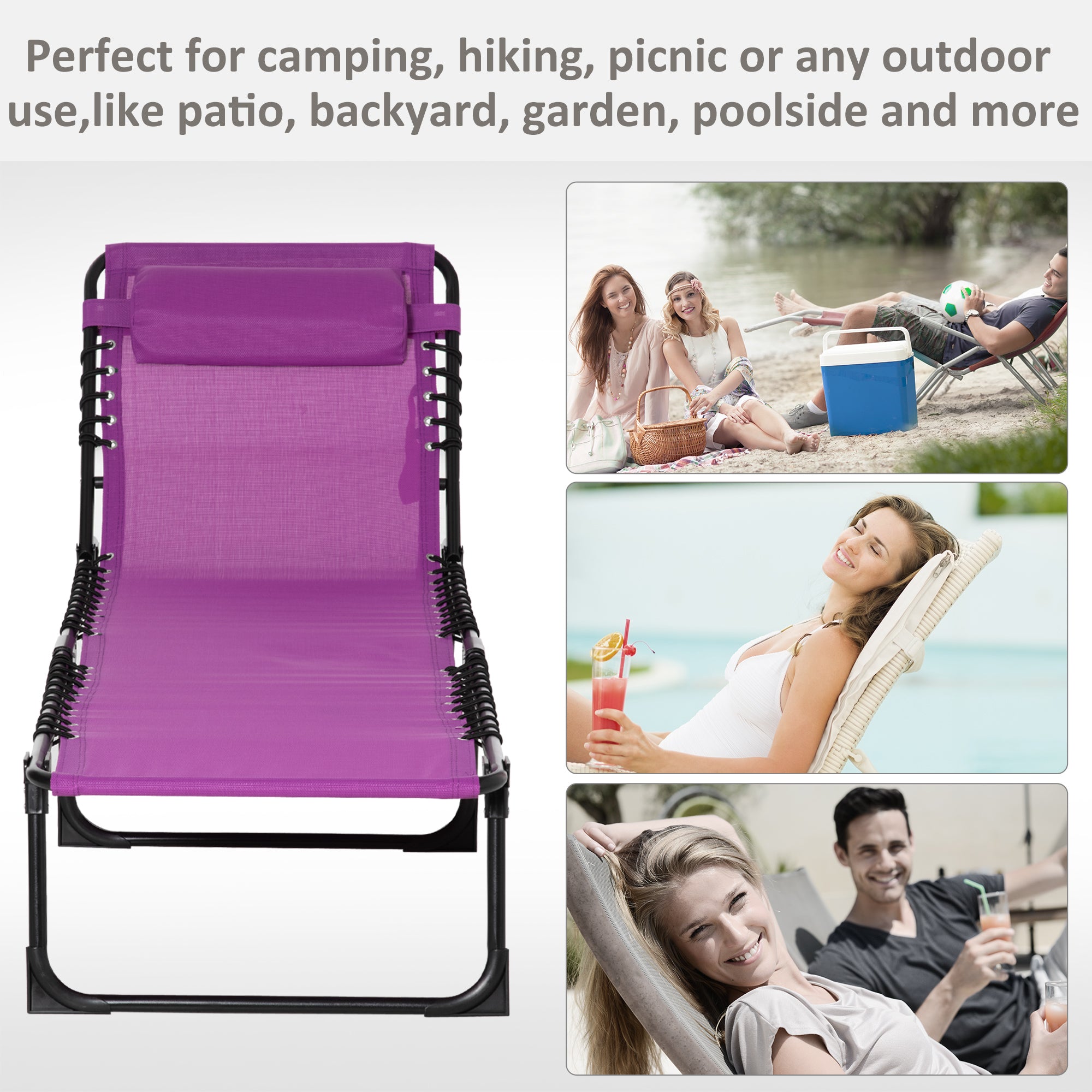 4-Level Adjustable Outdoor Folding Lounge Chair with Headrest, Purple Lounger Chairs   at Gallery Canada