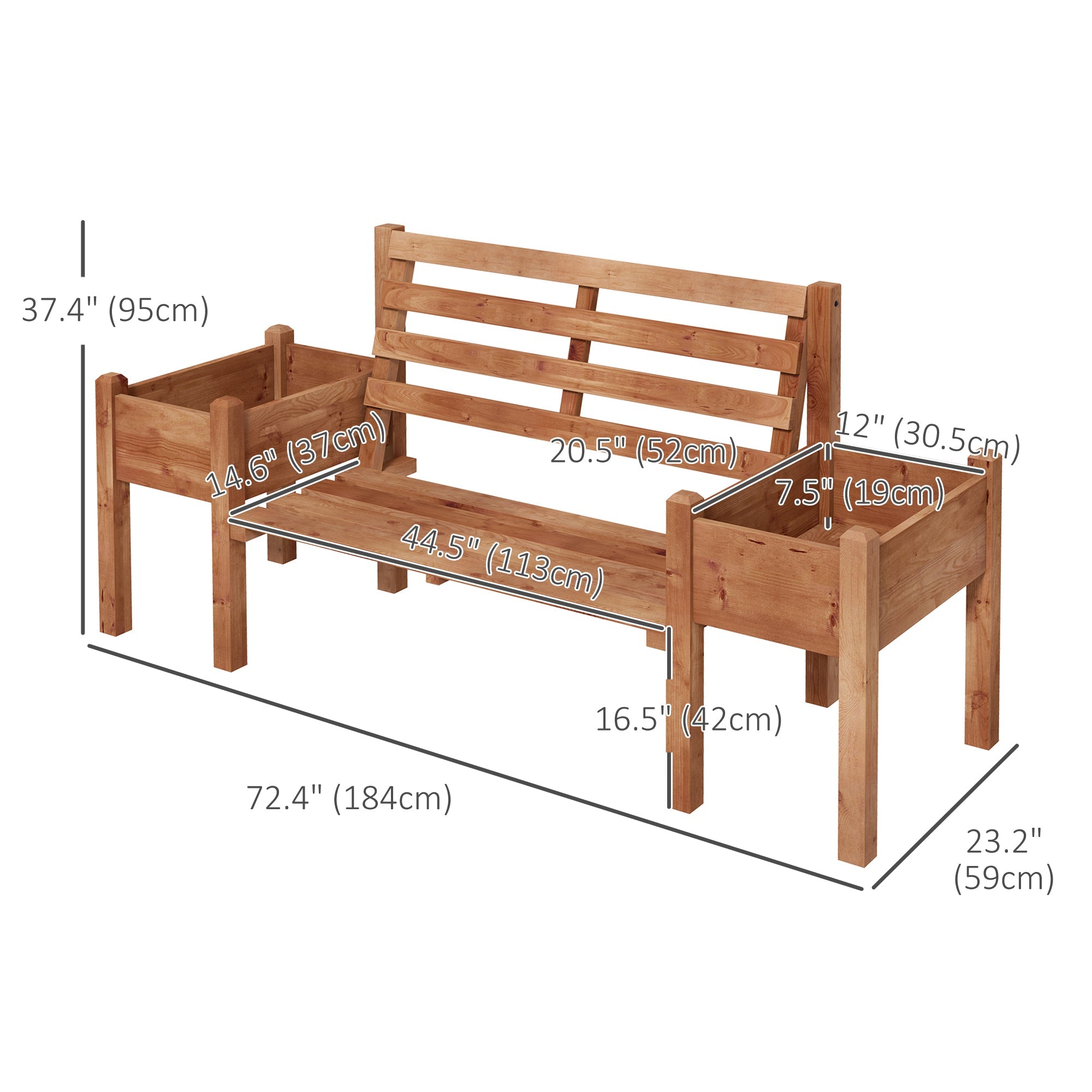 Wood Outdoor Bench with Planter Boxes 2-Seater Garden Bench with Slat Seat and Back Dark Brown Outdoor Benches   at Gallery Canada