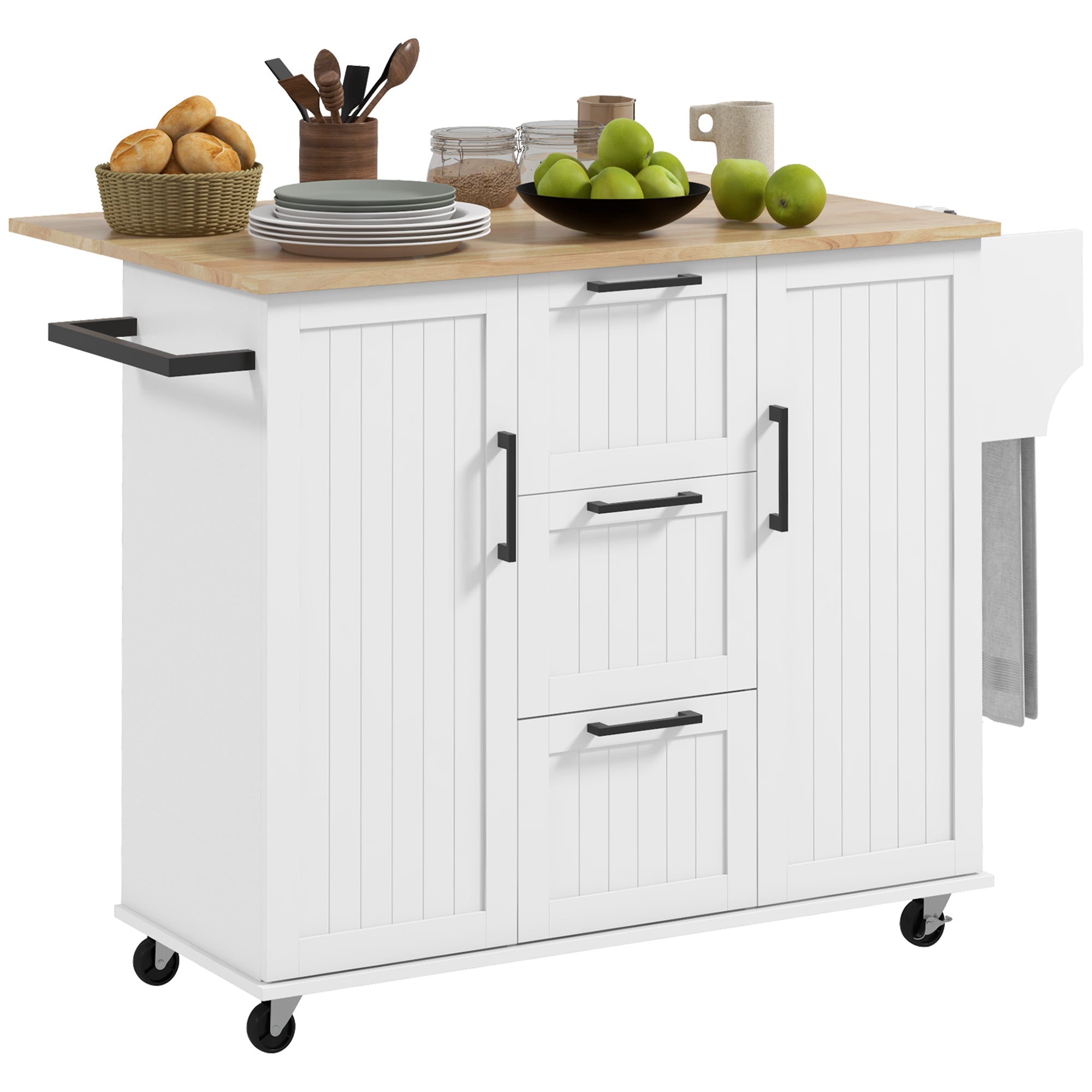 Rolling Kitchen Cart on Wheels with Drop Leaf, Kitchen Island with 3 Drawers, Solid Wood Top and Towel Rack, White Kitchen Islands & Kitchen Carts at Gallery Canada