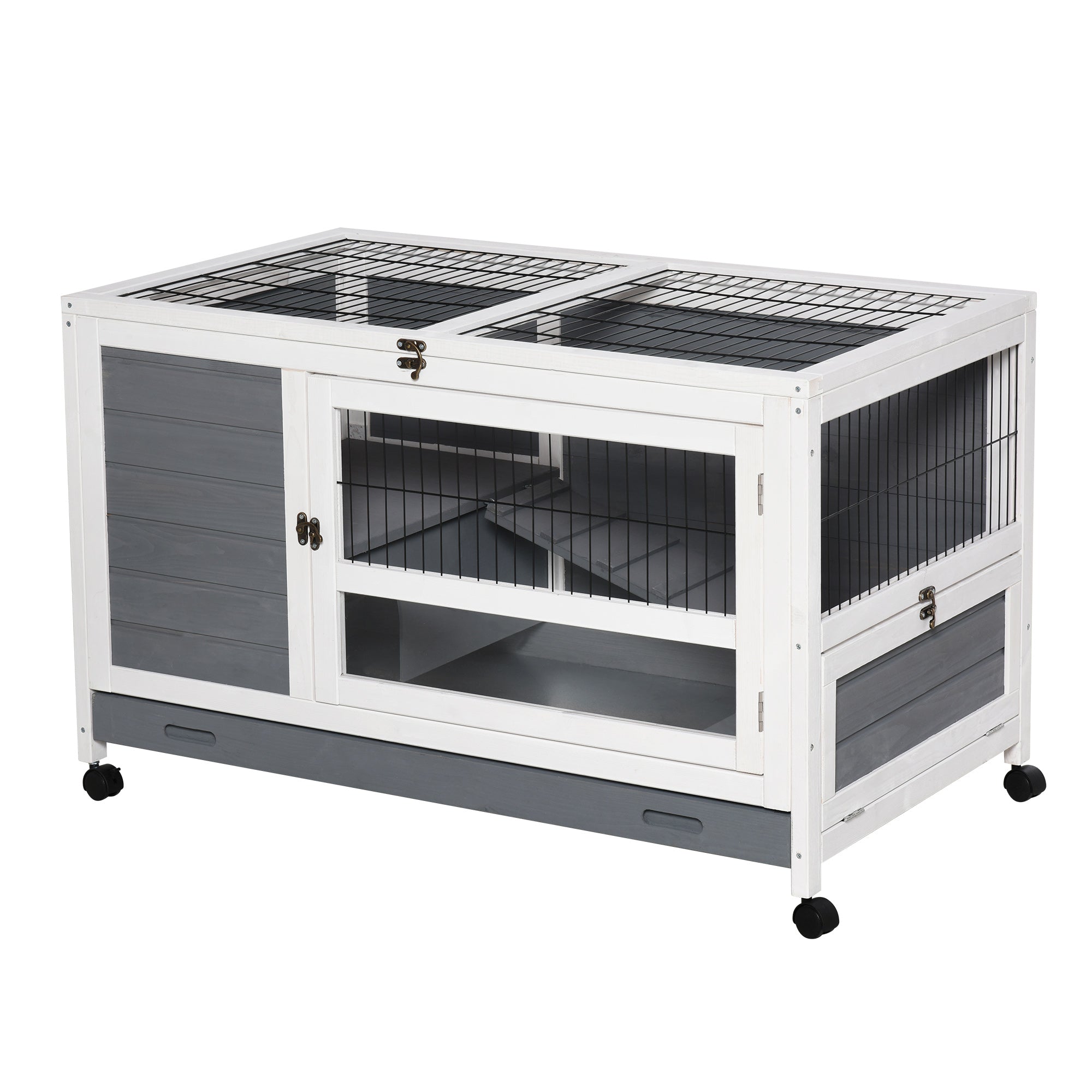 Elevated Wooden Rabbit Hutch with Slide-out Tray and Lockable Door, Grey Rabbit Hutch White and Grey  at Gallery Canada