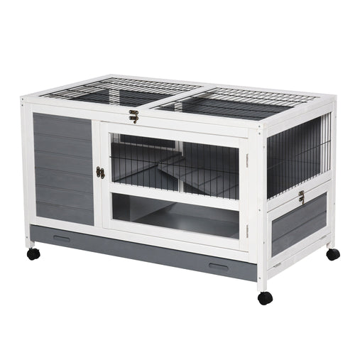 Elevated Wooden Rabbit Hutch with Slide-out Tray and Lockable Door, Grey