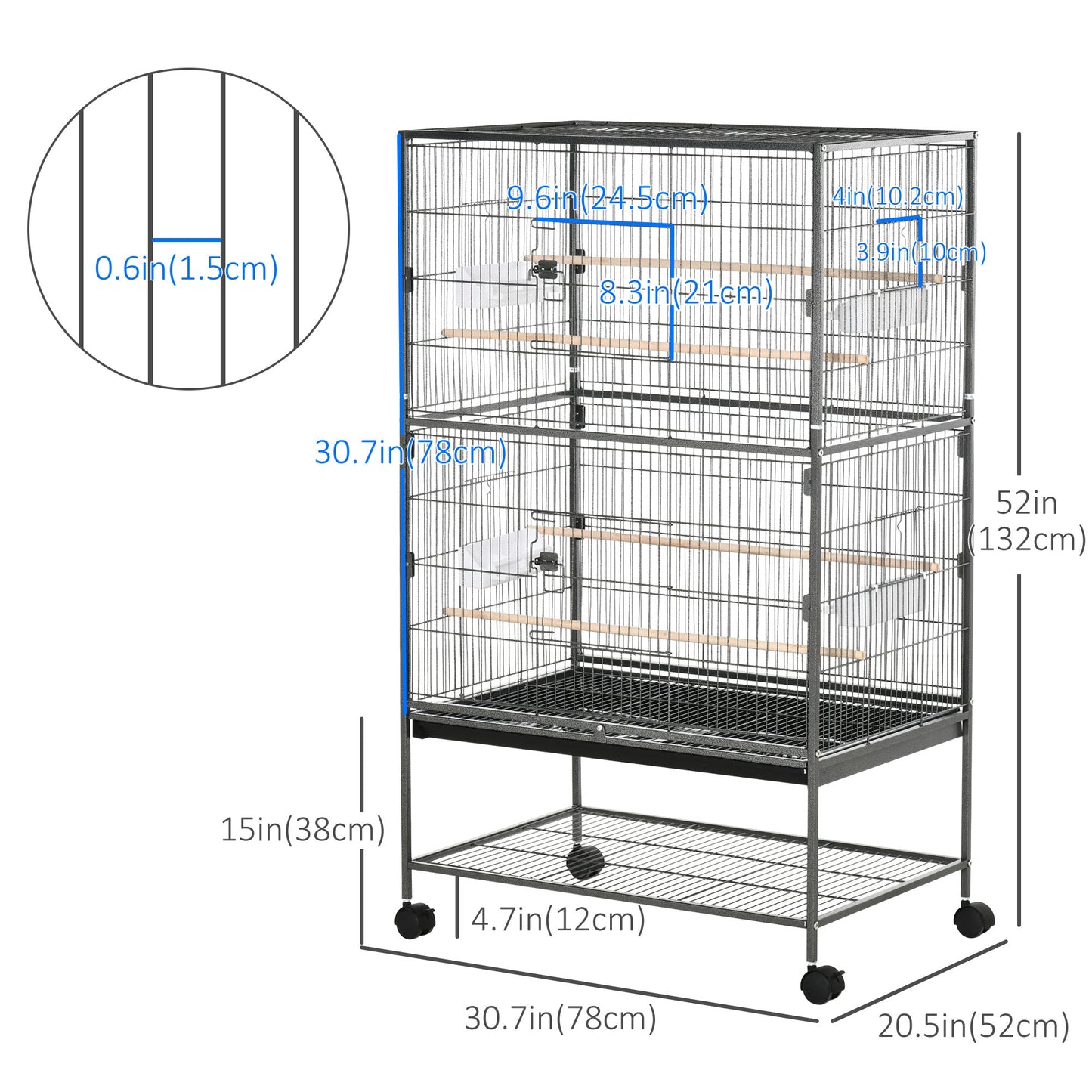 52'' Large Rolling Steel Bird Cage Bird House with Rolling Stand, Storage Shelf, Wood Perch, Food Container, Dark Grey Bird Cages   at Gallery Canada