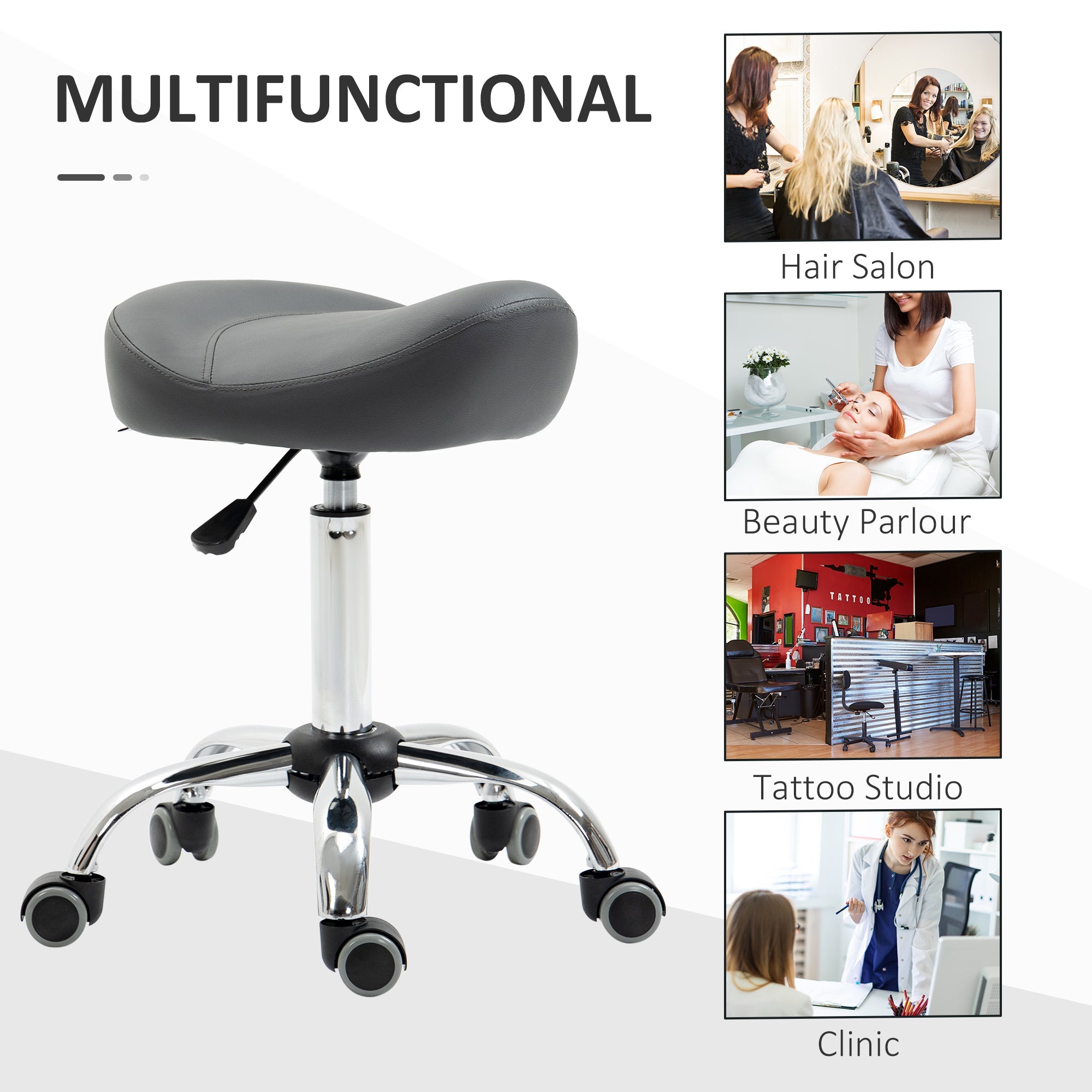 Saddle Stool, Height Adjustable Rolling Salon Chair with PU Leather for Massage, Spa, Clinic, Beauty and Tattoo, Grey Salon Stools   at Gallery Canada