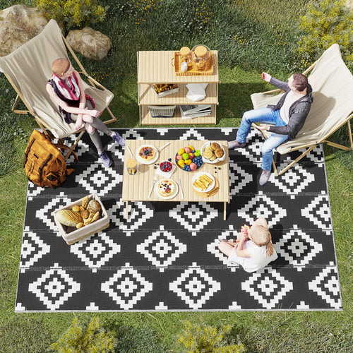Reversible Outdoor RV Rug, Patio Floor Mat, 6' x 9' Plastic Straw Rug for Backyard, Deck, Beach, Camping, Black &; White