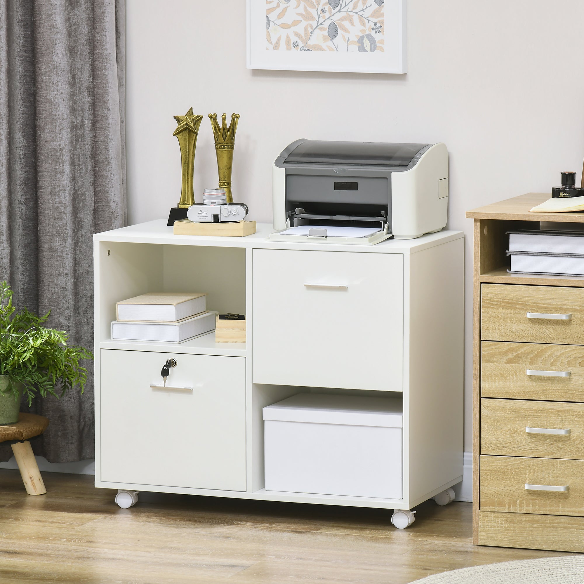 Lateral Filing Cabinet with Drawers and Lock, File Cabinet, Mobile Printer Stand with Open Shelves and Wheels for Letter and A4 Size Documents, White Office Cabinets & Cupboards at Gallery Canada
