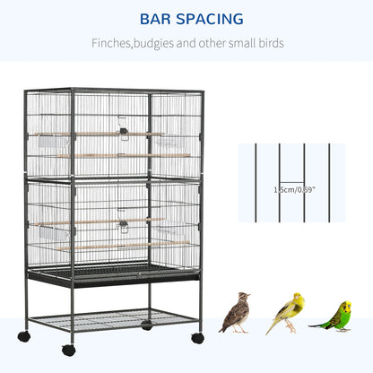 52'' Large Rolling Steel Bird Cage Bird House with Rolling Stand, Storage Shelf, Wood Perch, Food Container, Dark Grey Bird Cages   at Gallery Canada