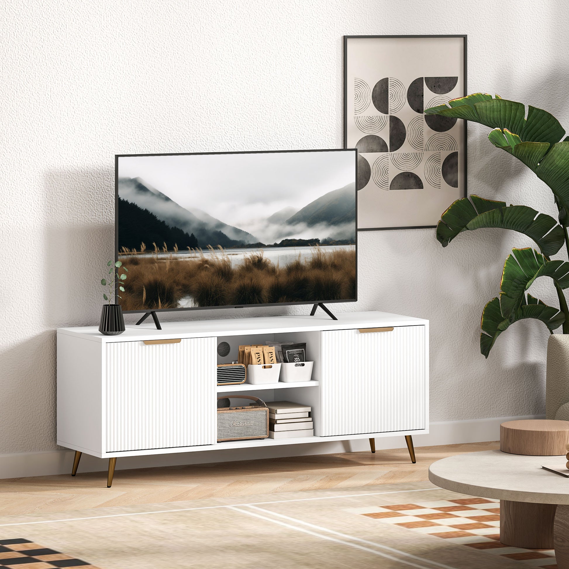 TV Stand with Storage for 55 Inch TV, Modern TV Cabinet with 2 Open Shelves and 2 Cabinets for Living Room, White TV Stands at Gallery Canada