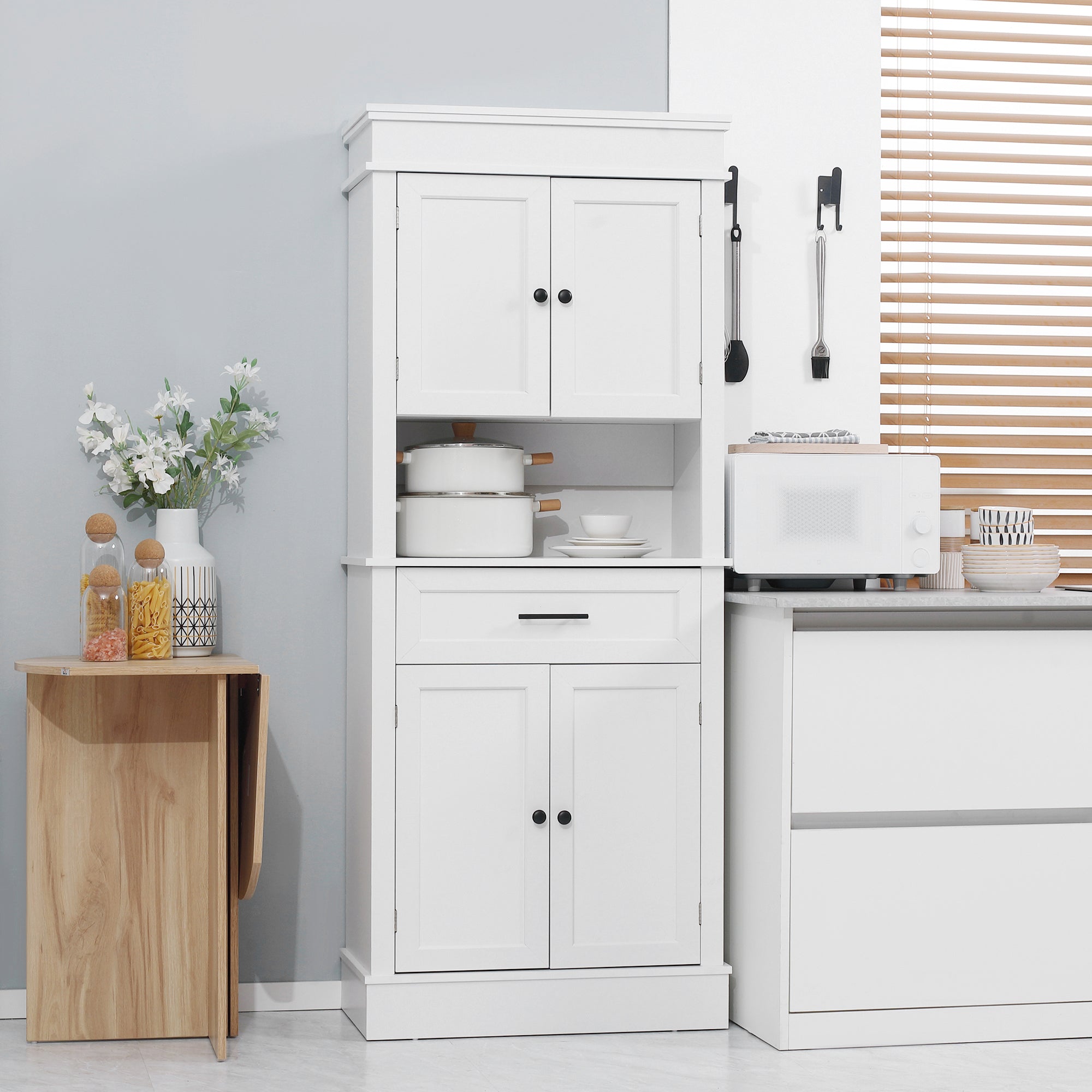 Modern Freestanding Kitchen Pantry Cabinet Cupboard with Doors Open Shelves Adjustable Shelving Microwave Space, White Kitchen Pantry Cabinets White  at Gallery Canada