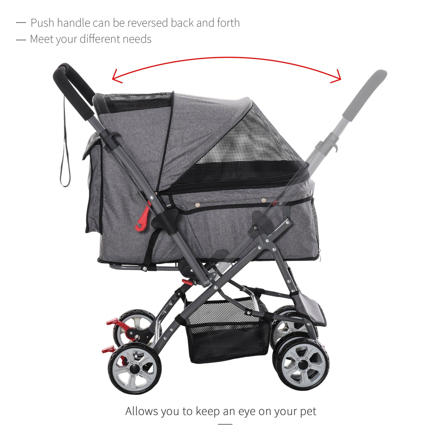 4 Wheels Pet Stroller w/ Reversible Handle, Foldable Dog Cat Travel Carriage w/ EVA Wheels Basket Storage Bag 3-stage Canopy Grey Dog Bike Trailers & Strollers   at Gallery Canada