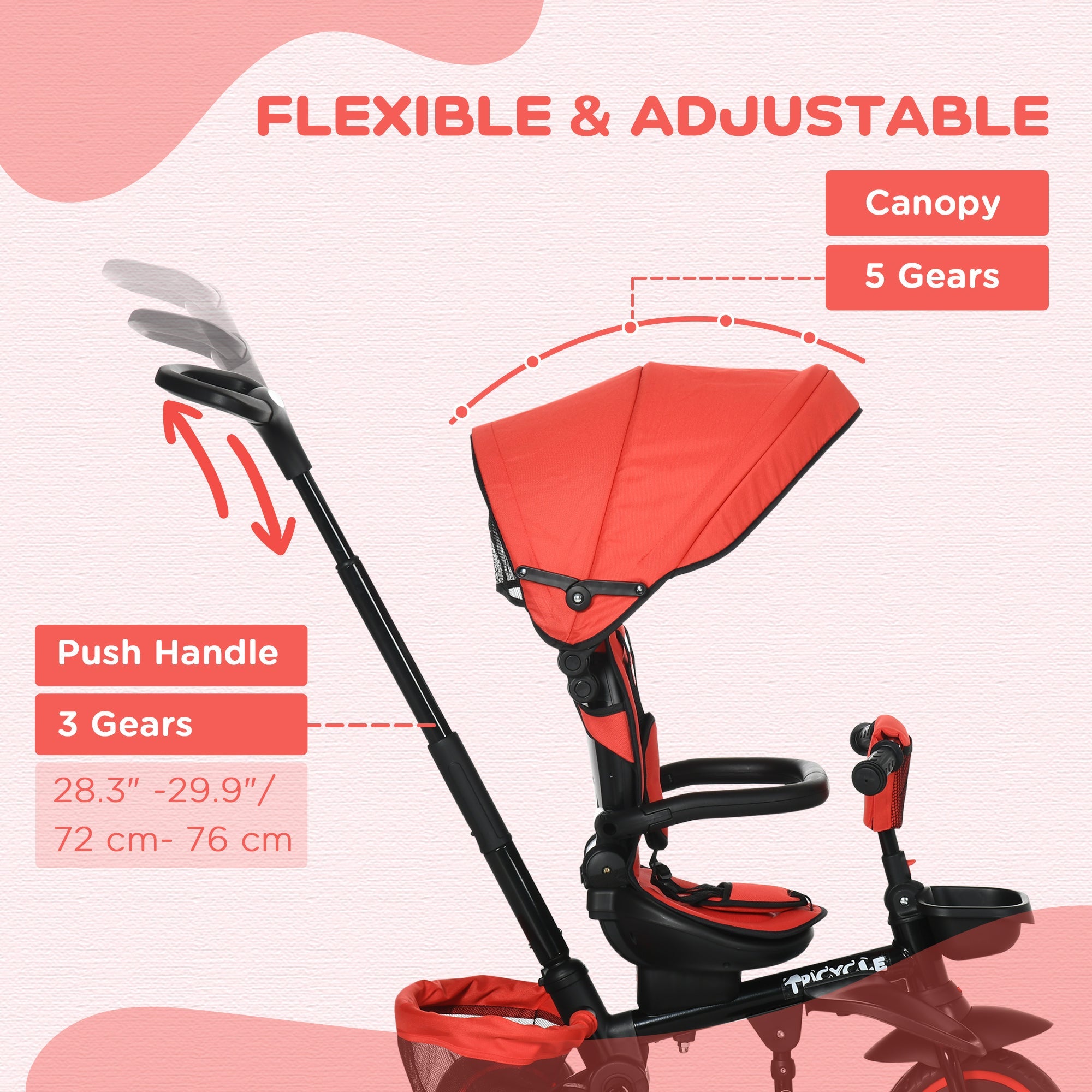 6-in-1 Toddler Tricycle for 12-50 Months, Foldable Kids Trike with Adjustable Seat and Push Handle, Safety Harness, Removable Canopy, Footrest, Red Tricycles for Kids   at Gallery Canada