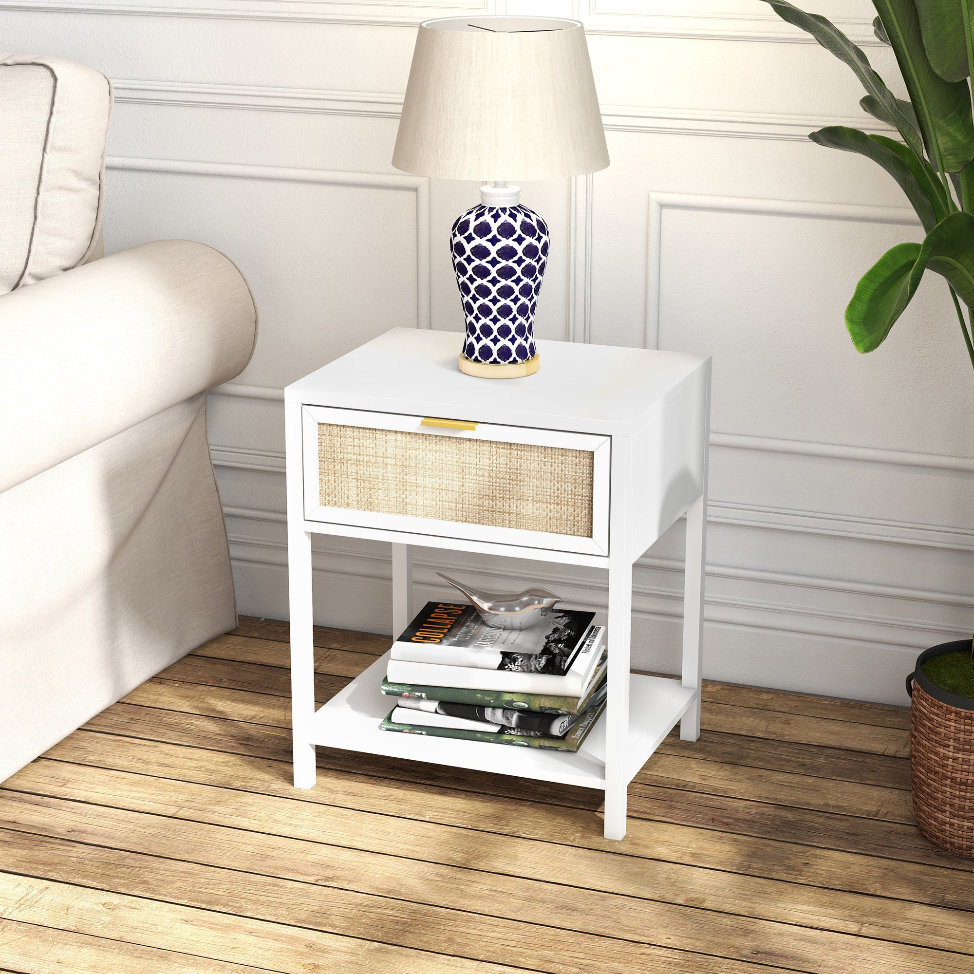 Boho Nightstand, Bedside Table with Rattan Drawer and Open Shelf, Side End Table for Bedroom, Living Room Bedside Tables at Gallery Canada