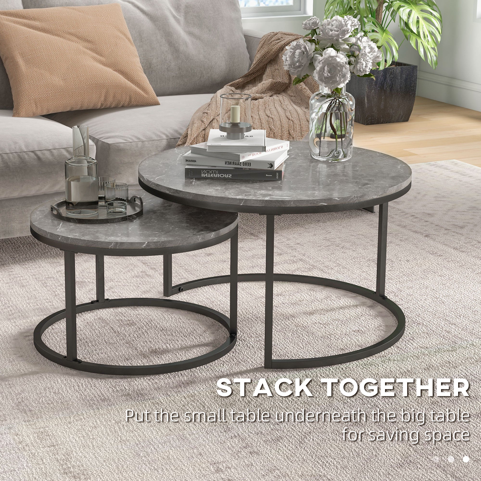 Modern Coffee Table Set of 2, Nesting Side Tables w/ Metal Base for Living Room Bedroom Office Faux Marbled Grey Coffee Tables   at Gallery Canada