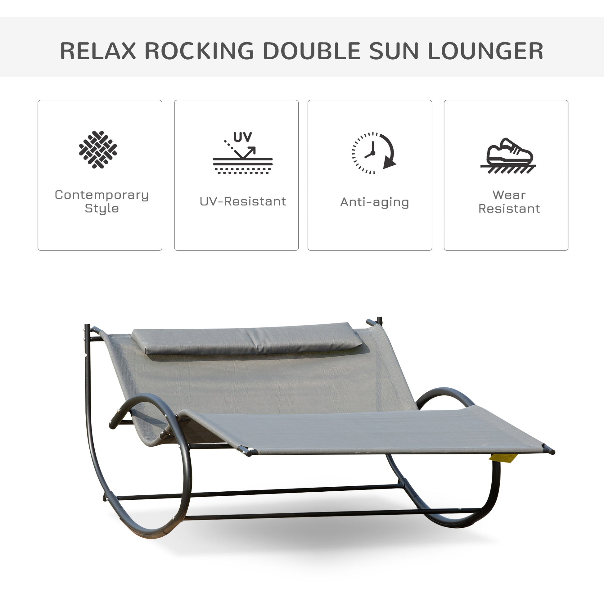 Double Chaise Lounger Garden Rocker Sun Bed Outdoor Hammock Chair Texteline with Pillow Grey Lounger Chairs   at Gallery Canada