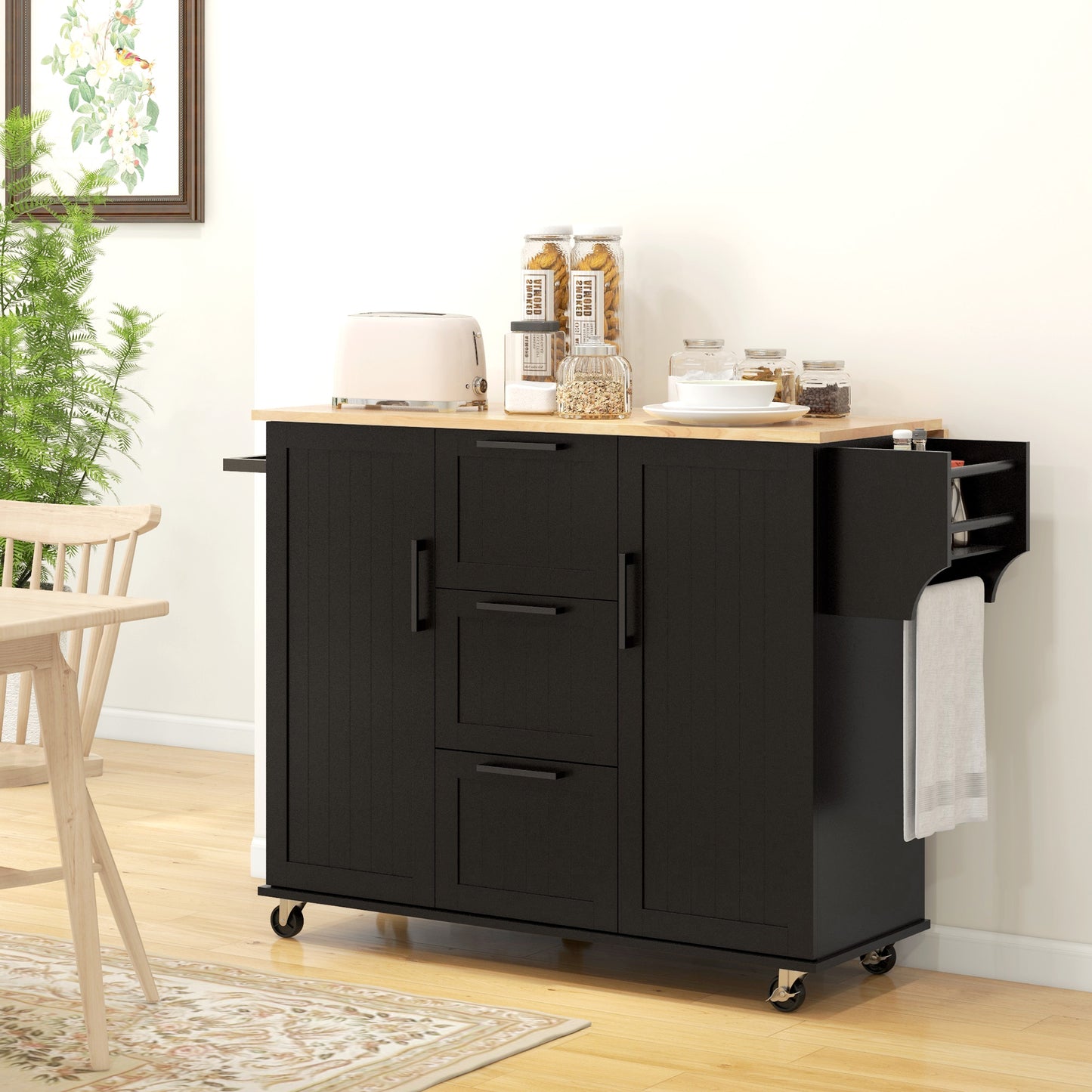 Rolling Kitchen Cart on Wheels with Drop Leaf, Kitchen Island with 3 Drawers, Solid Wood Top and Towel Rack, Black Kitchen Islands & Kitchen Carts   at Gallery Canada