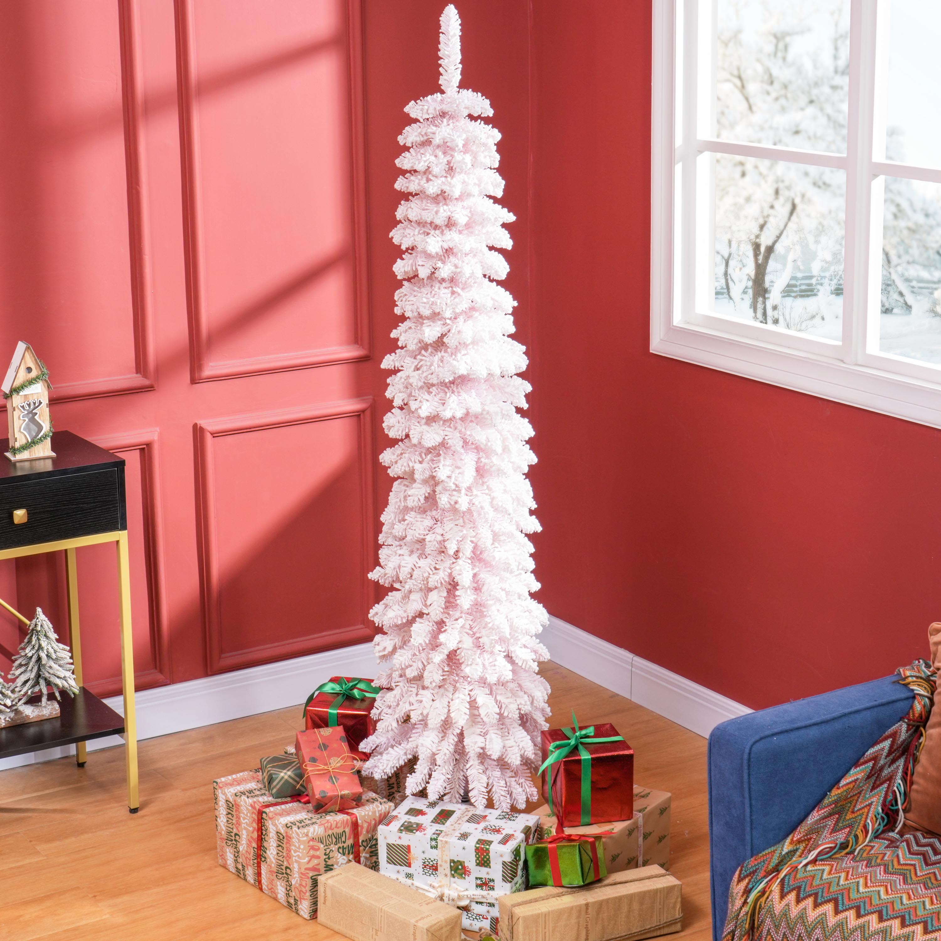 6ft Snow-Flocked Artificial Christmas Tree, Slim Pencil Xmas Tree with 395 Realistic Branches, Metal Base, Pink Pencil Christmas Trees Pink at Gallery Canada