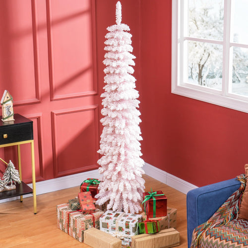 6ft Snow-Flocked Artificial Christmas Tree, Slim Pencil Xmas Tree with 395 Realistic Branches, Metal Base, Pink