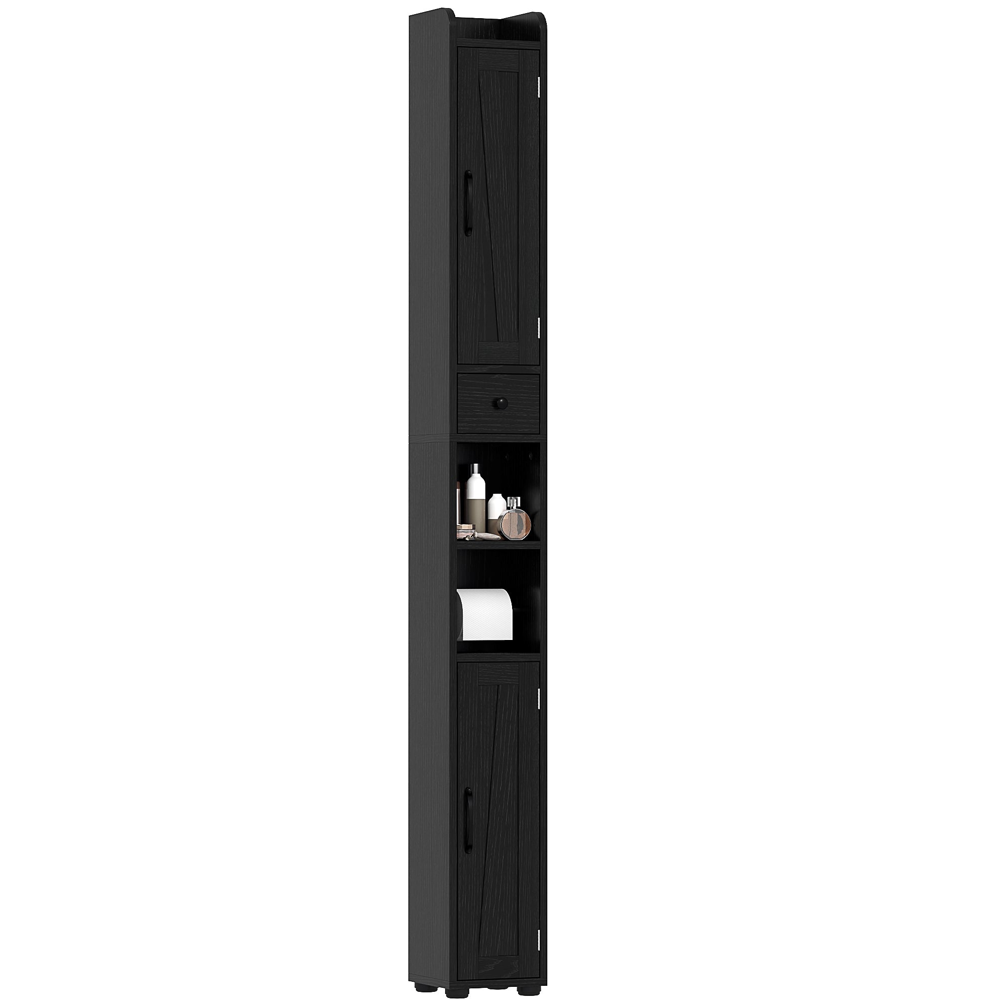 Narrow Bathroom Cabinet, Tall Bathroom Storage Cabinet with Barn Doors, Drawer and Adjustable Shelves, Black Wood Grain Bathroom Cabinets at Gallery Canada