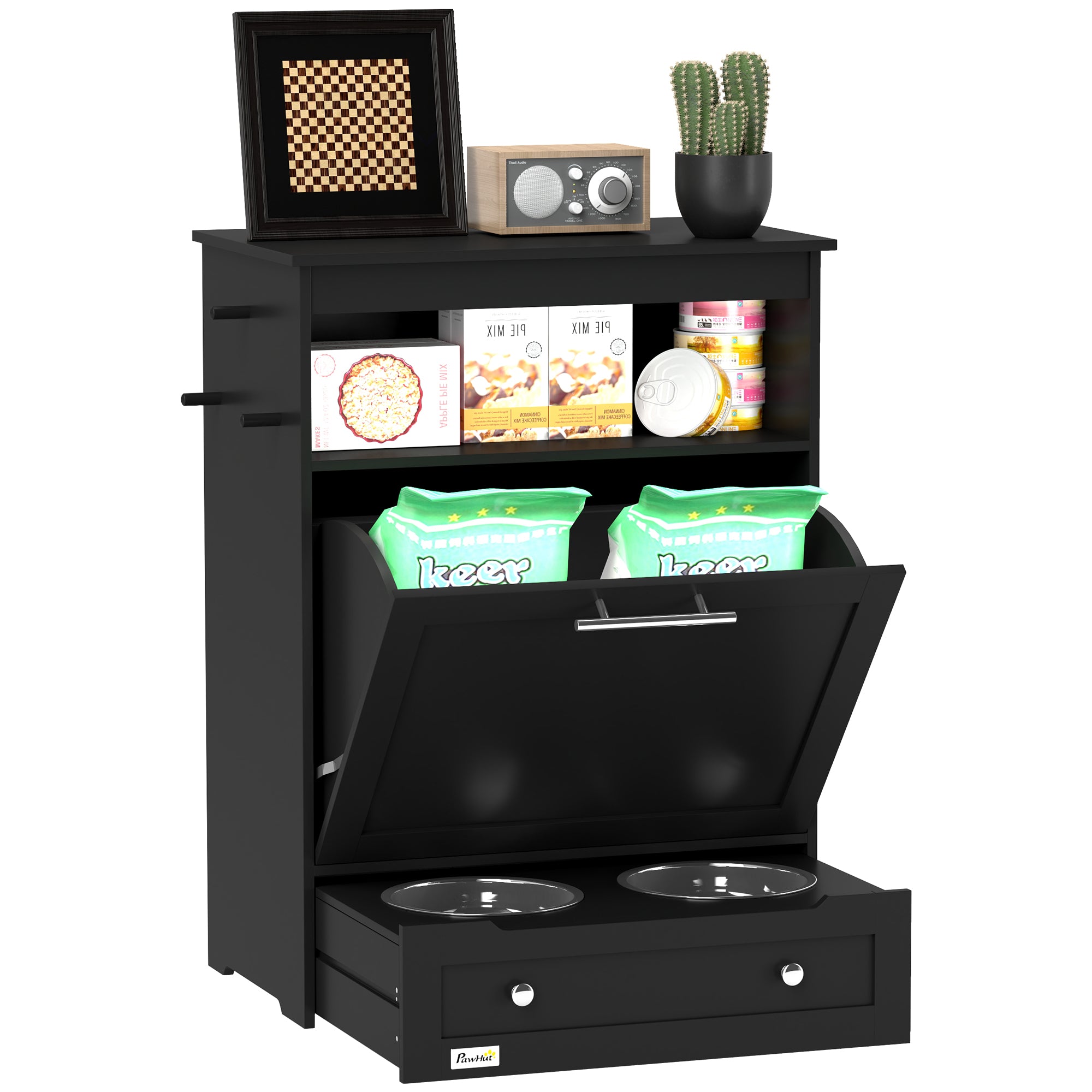 Pet Feeder Station Storage Cabinet, Dog Food Storage Container with Dog Raised Bowls, Watering Supplies, Black Dog Bowls at Gallery Canada