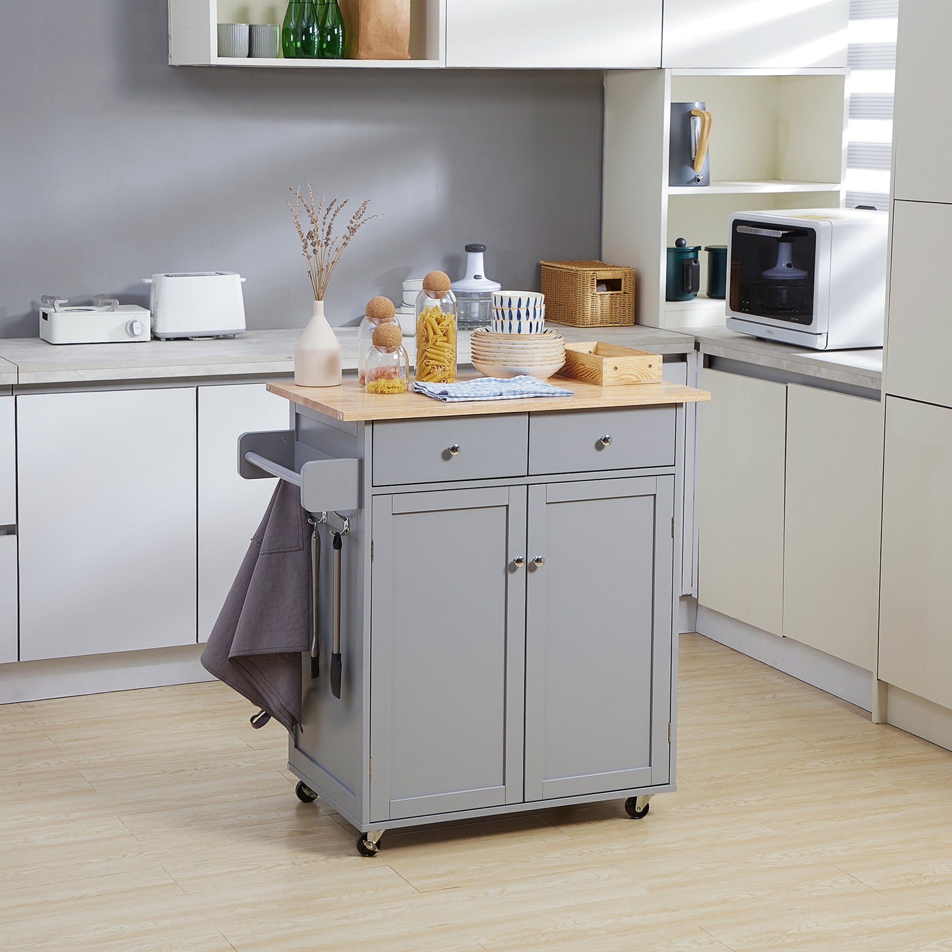 Rolling Kitchen Island with Storage, Kitchen Cart with Rubber Wood Top, Adjustable Shelf, Towel Rack, Hooks and Storage Drawers, Grey Kitchen Islands & Kitchen Carts   at Gallery Canada