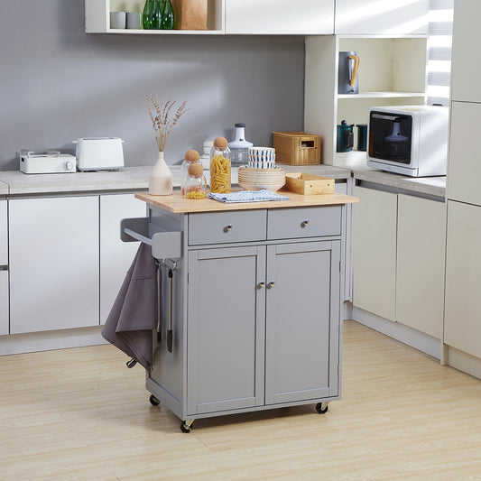 Rolling Kitchen Island with Storage, Kitchen Cart with Rubber Wood Top, Adjustable Shelf, Towel Rack, Hooks and Storage Drawers, Grey Kitchen Islands & Kitchen Carts Grey  at Gallery Canada