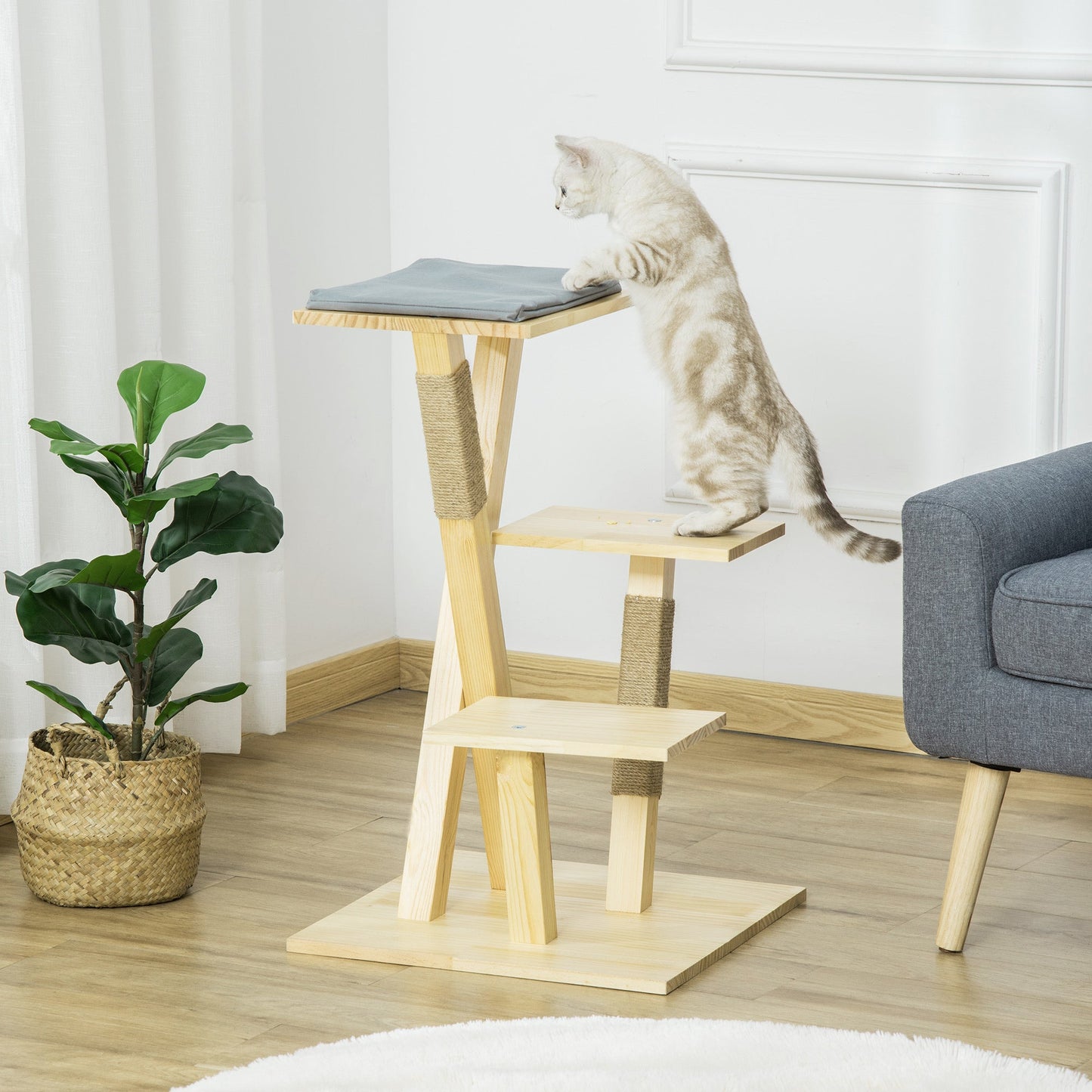 31" Cat Tree Kitty Activity Center Pinewood Cat Climbing Toy Indoor Outdoor Pet Furniture with Jute Scratching Post Perch Cushion Natural Cat Posts   at Gallery Canada