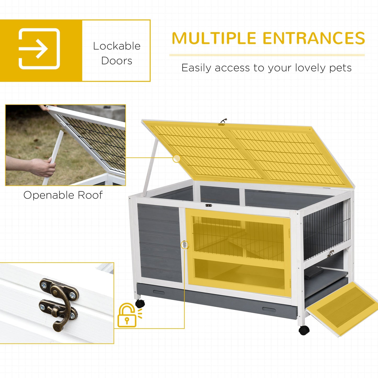 Elevated Wooden Rabbit Hutch with Slide-out Tray and Lockable Door, Grey Rabbit Hutch   at Gallery Canada