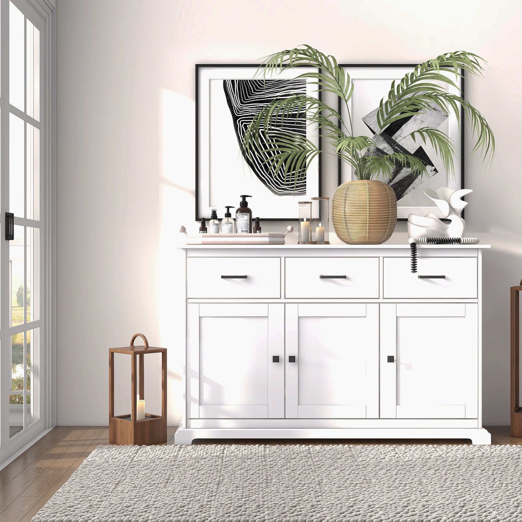 Buffet Cabinet Sideboard with 2 Storage Cabinets, 3 Drawers, Adjustable Shelves for Kitchen Entryway, White Kitchen Pantry Cabinets   at Gallery Canada