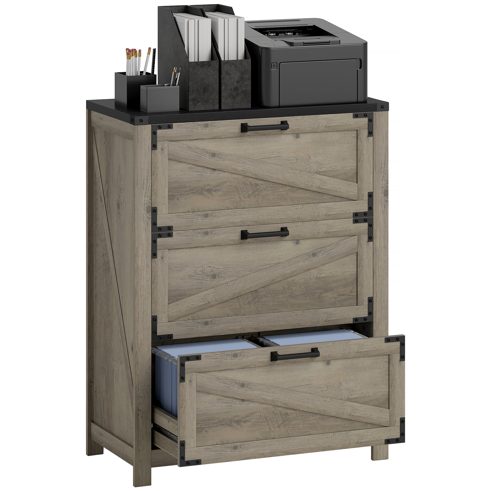 3 Drawer Filing Cabinet, Farmhouse Office Storage Cabinet with Adjustable Hanging Bars for Letter, A4, Legal Size, Grey Office Cabinets & Cupboards at Gallery Canada