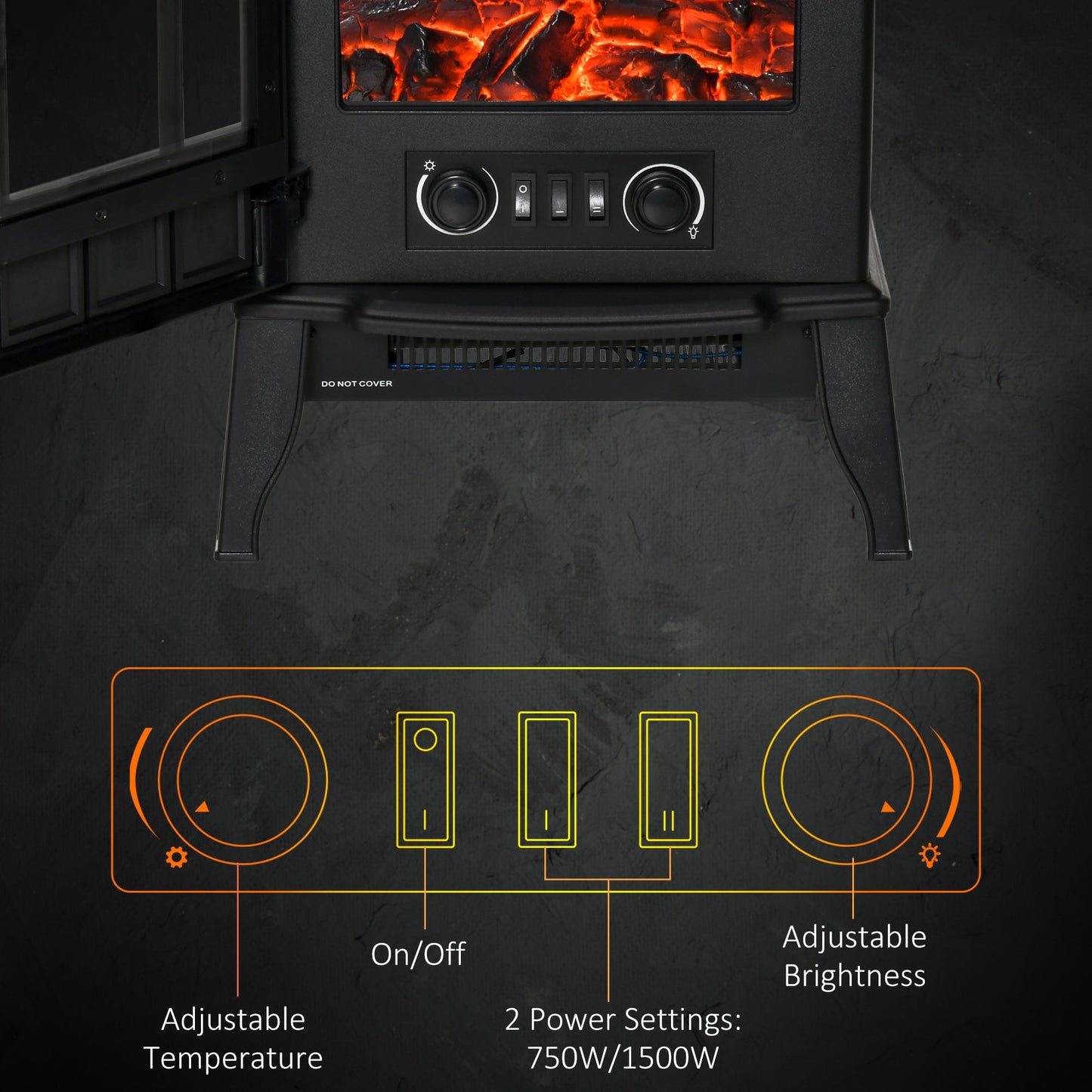 Electric Fireplace Stove, Freestanding Fireplace Heater with Realistic Flame, Adjustable brightness, Overheating Safety System, Black Electric Fireplaces   at Gallery Canada