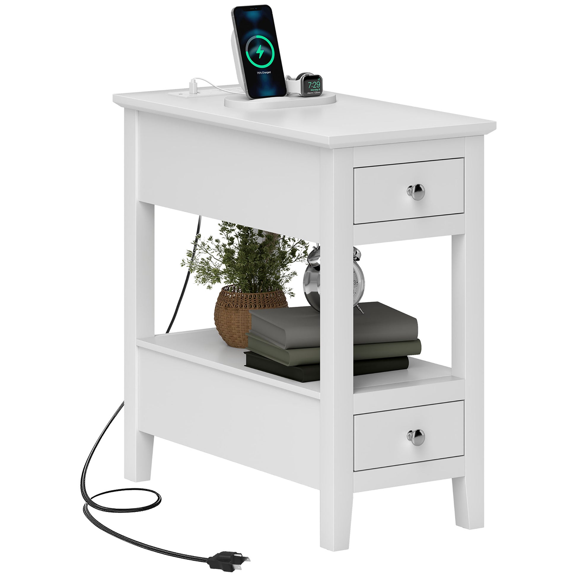 Narrow Side Table with Charging Station, USB Ports, Modern End Table with Storage Shelf, Drawers for Living Room, White Side Tables   at Gallery Canada