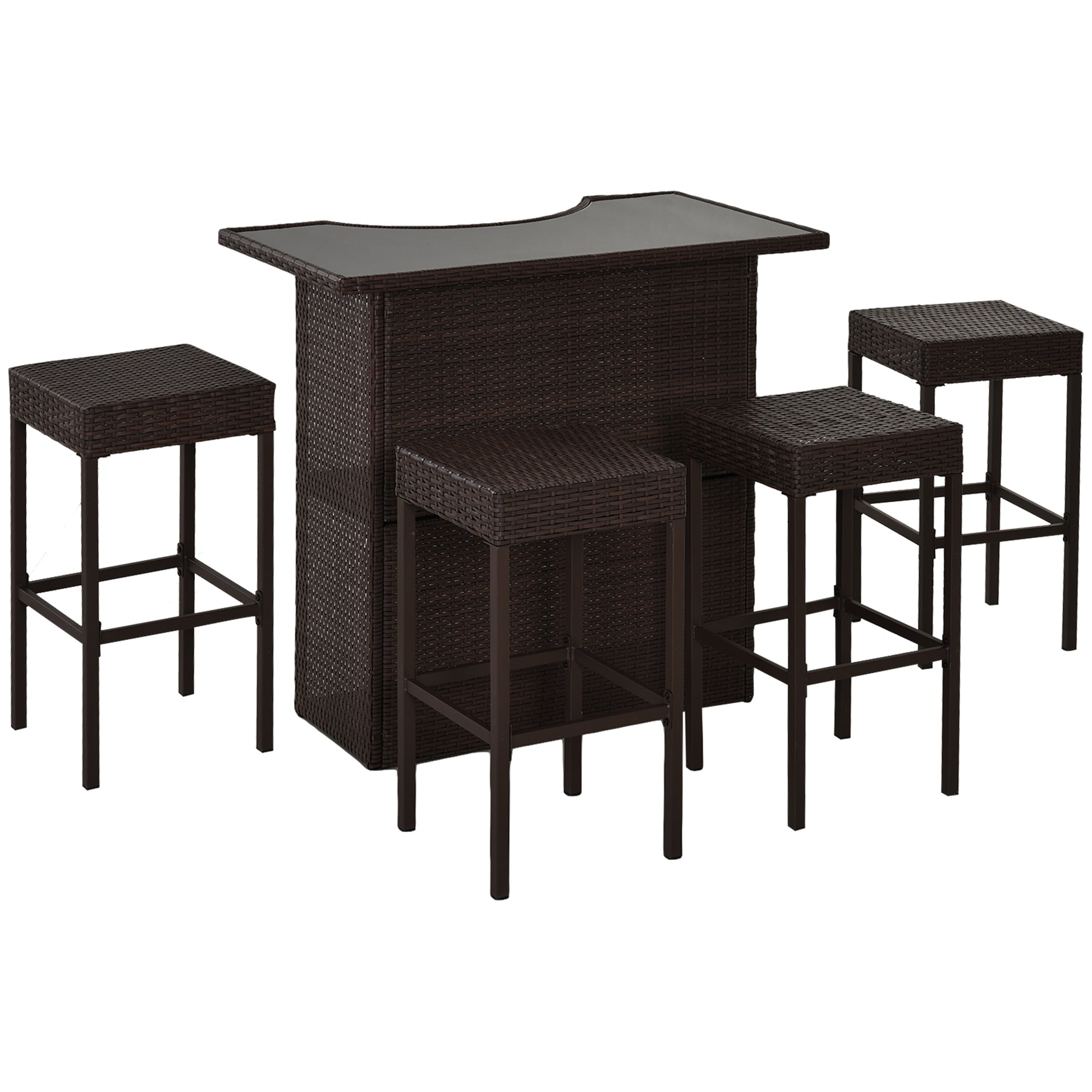 5 Pieces Patio Bar Set, Outdoor PE Rattan Wicker High Top Outdoor Table and Chairs Outdoor Bar Set with Tempered Glass Top Bar Table and Shelves, 4 Bar Chairs, Dark Brown Bistro Sets Dark Brown at Gallery Canada