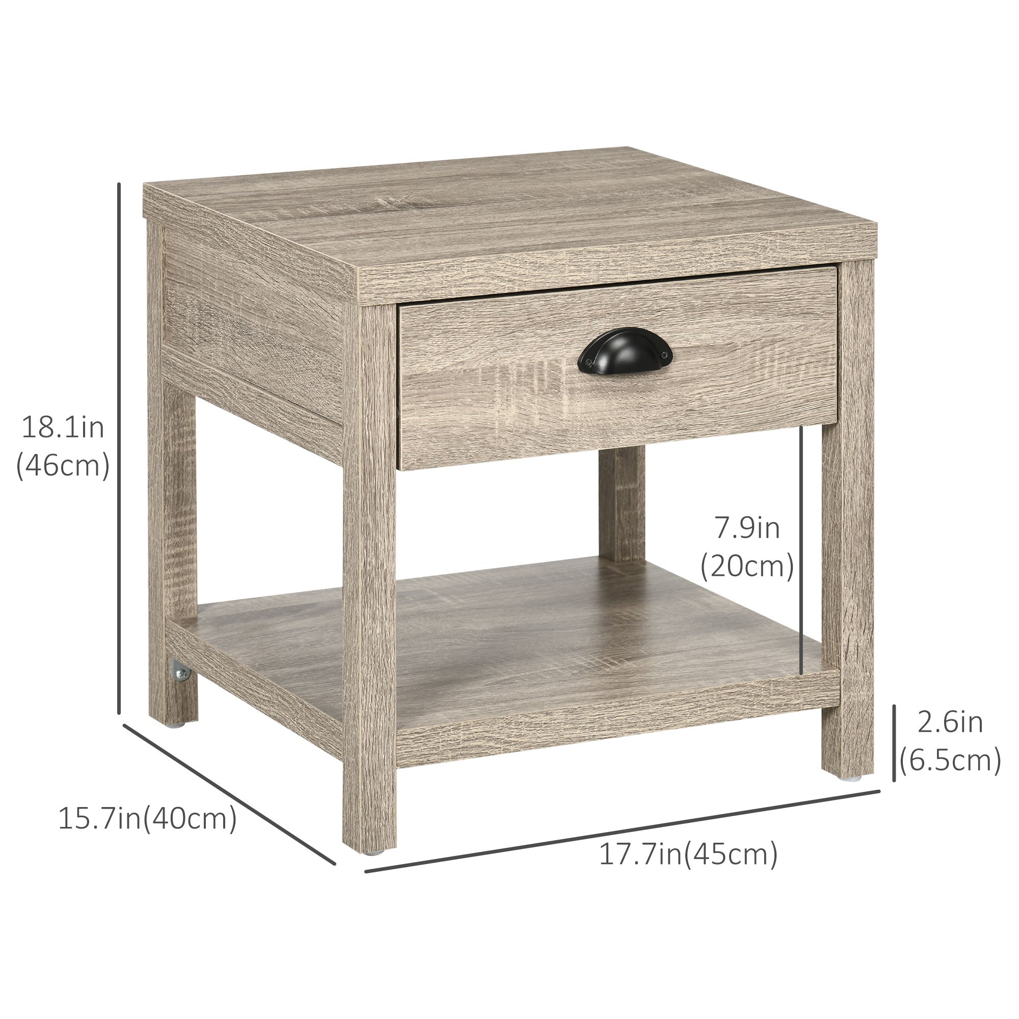 Bedside Table, Side End Table with Charging Station, Drawer and Shelf for Bedroom, 17.7