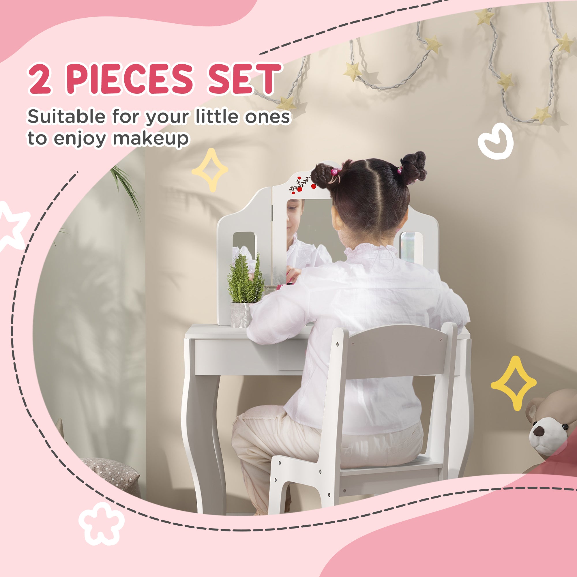 Kids Vanity Set, Dual-Use Dressing Table with Removable Tri-Folding Mirror and Drawer, for Ages 3-8, White Toy Vanity   at Gallery Canada